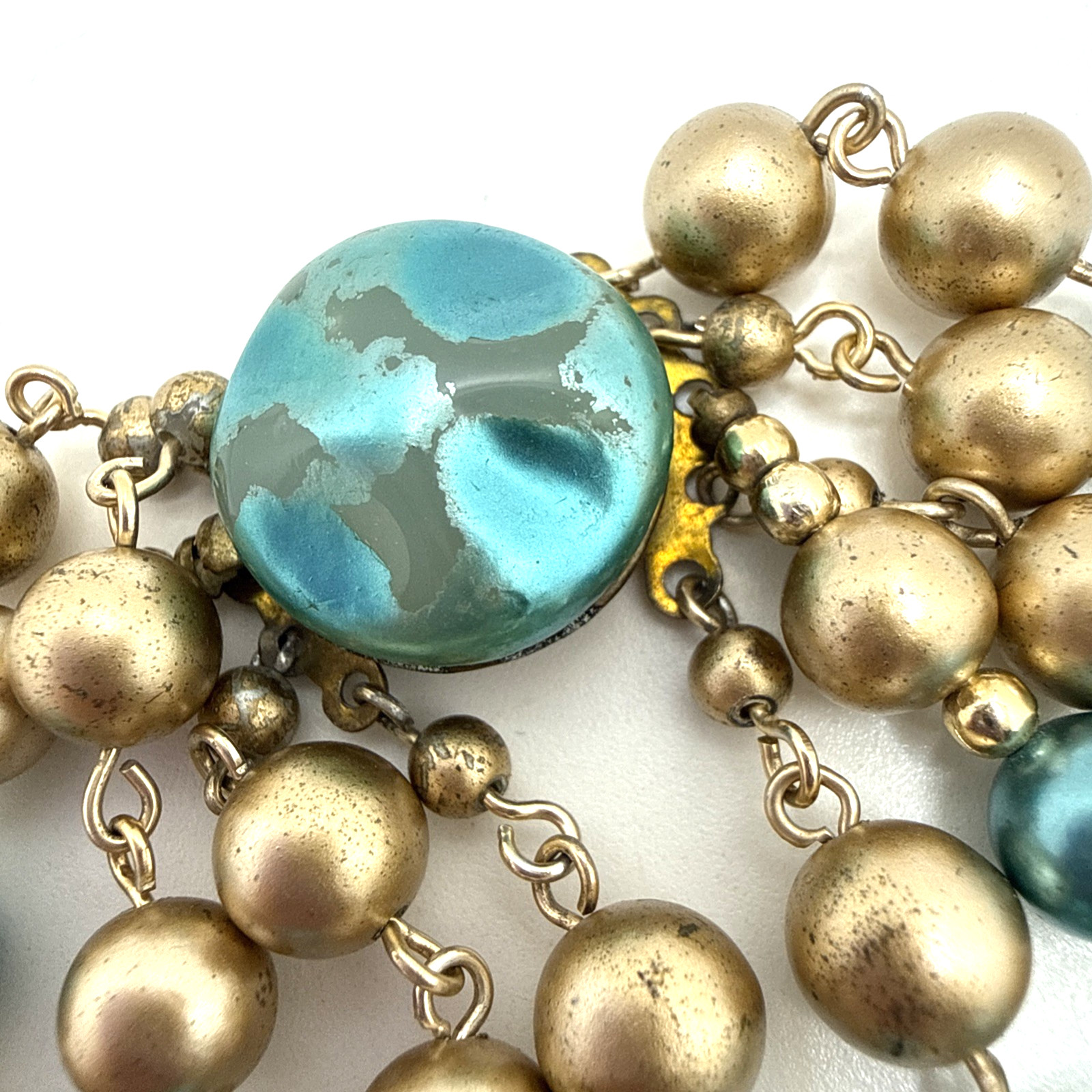 Vintage Japan Multi Strand Beaded Choker Necklace Blue Gold Mid Century 16″