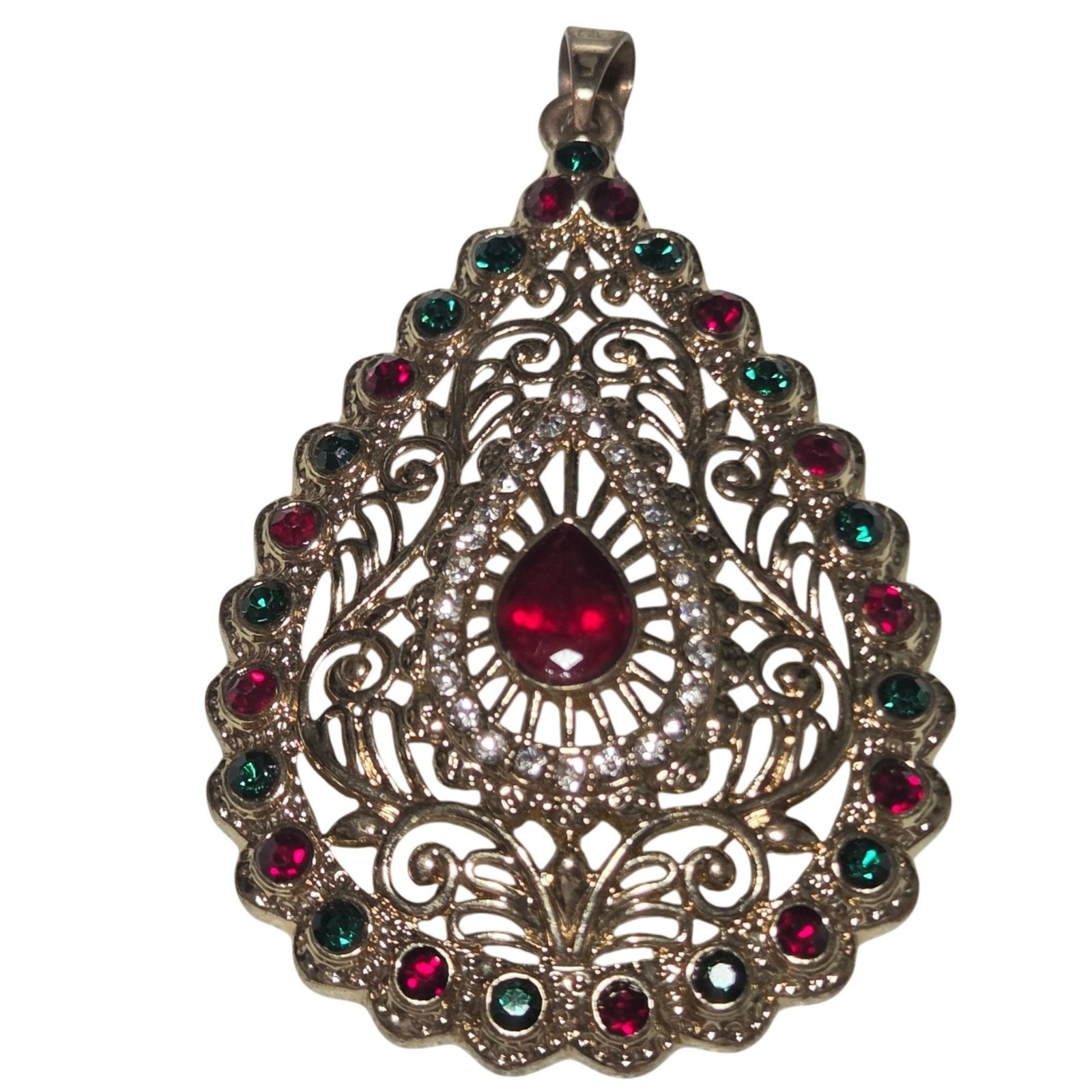 Vintage Teardrop Pendant Red Green Clear Stones Gold Tone Filigree Design Women