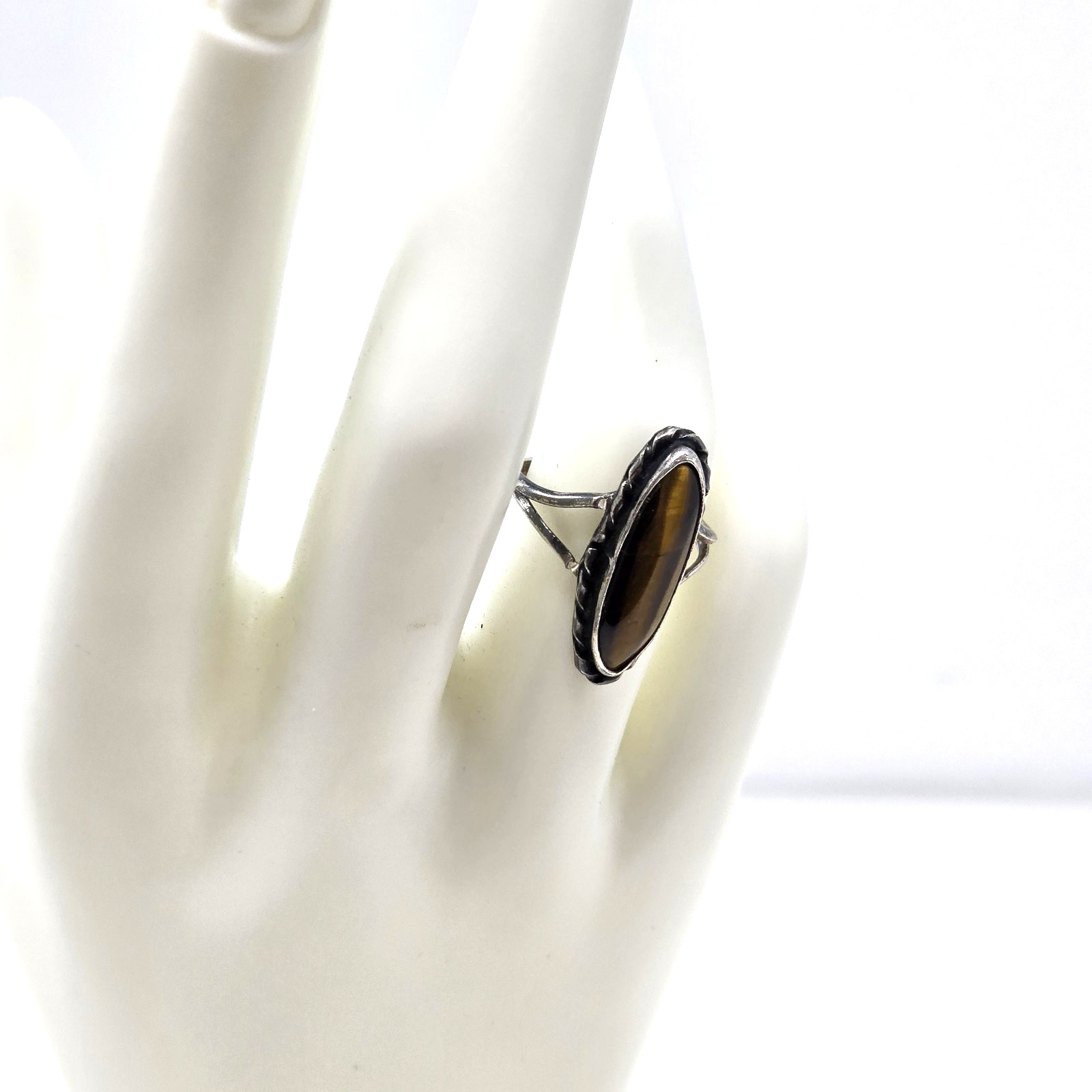 ANTIQUE Marquise Shaped TIGER’S EYE Sterling Silver Women’s RING Size 6.5
