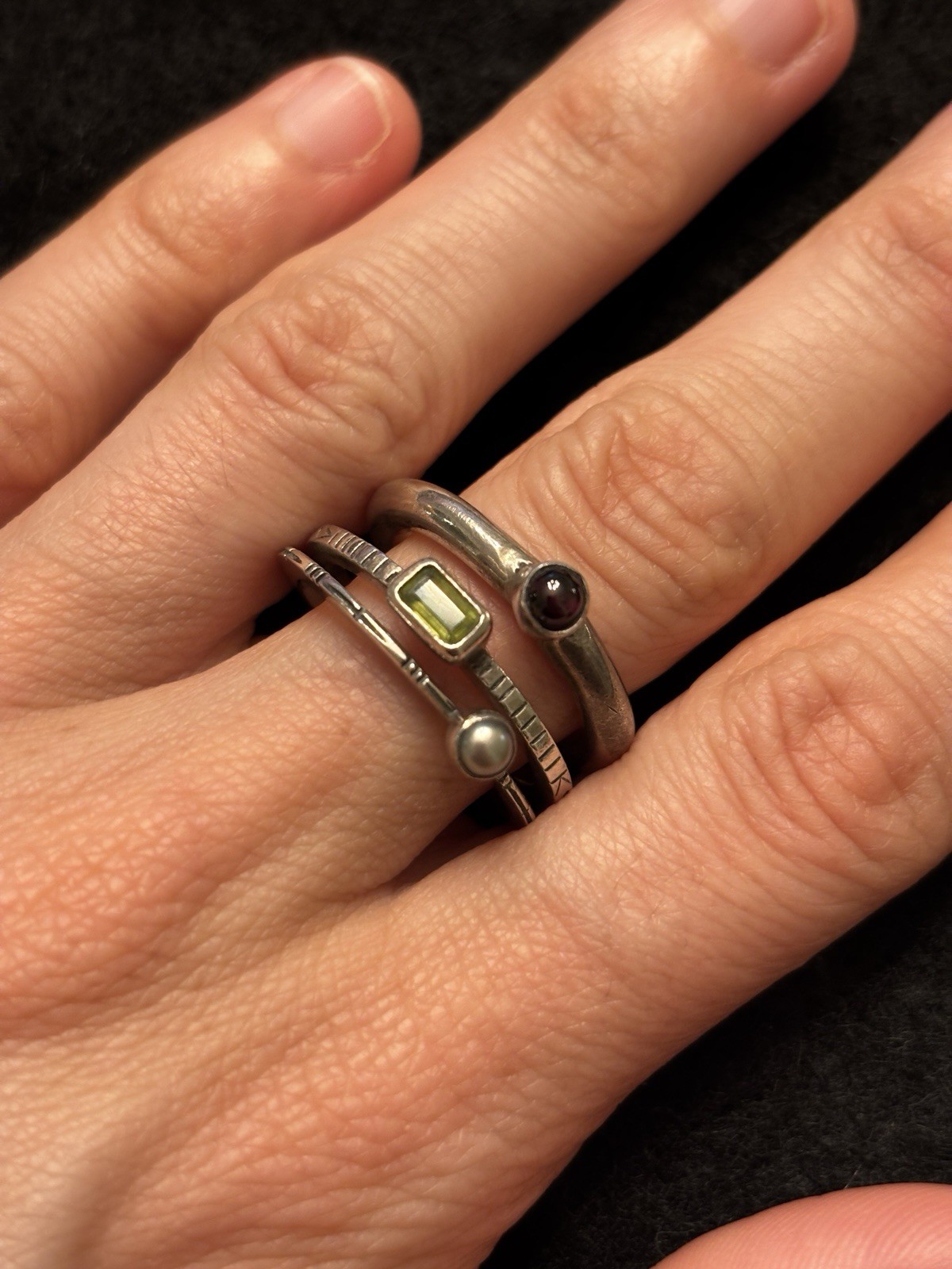3 SET VINTAGE ARTISAN ETCHED STERLING 925 GEN STONE STACKING RINGS *8.3 gm*