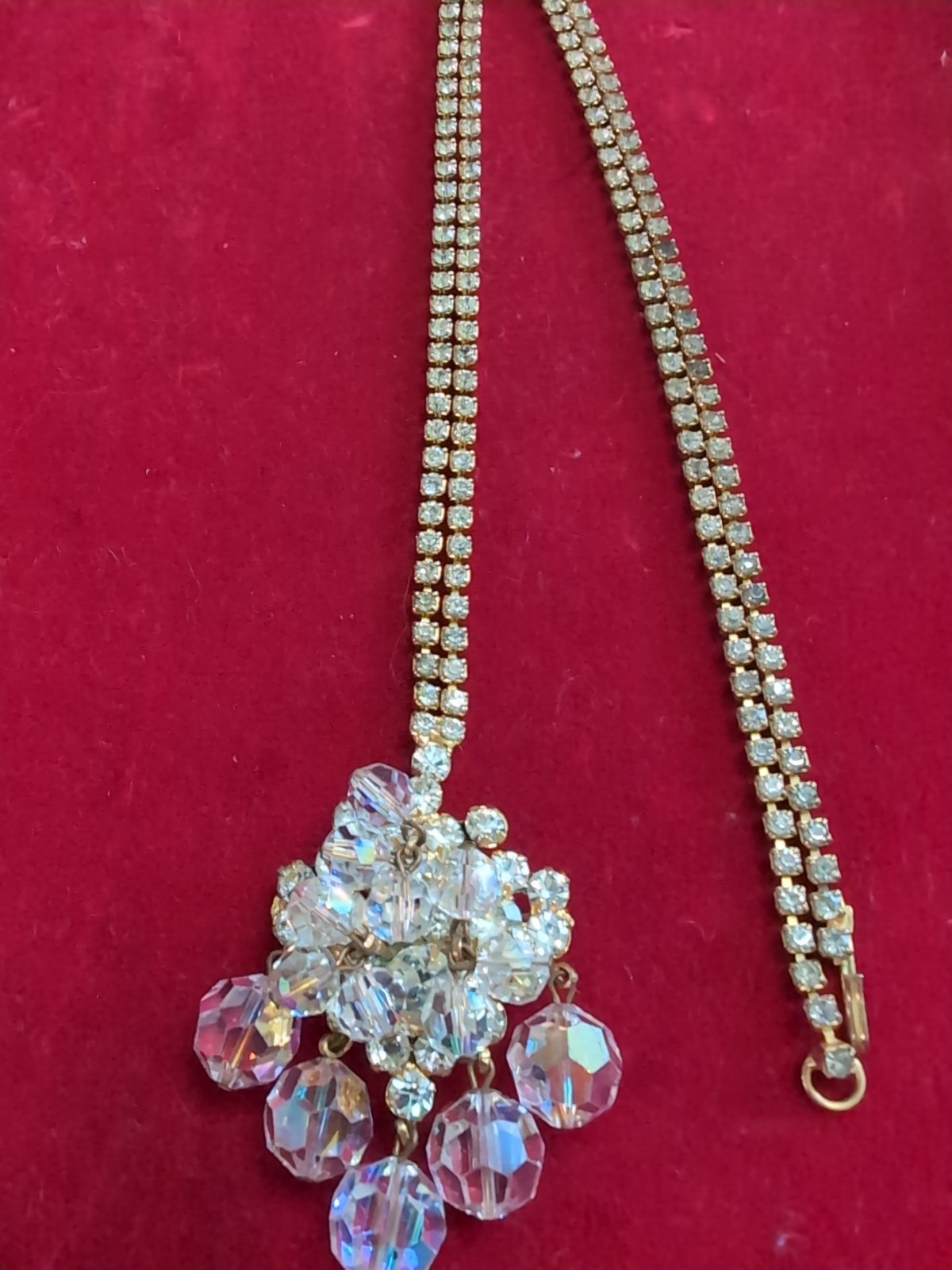 Vintage D&E JULIANA ab rhinestone Crystal cluster 26″ NECKLACE 2″Brooch/Pendant