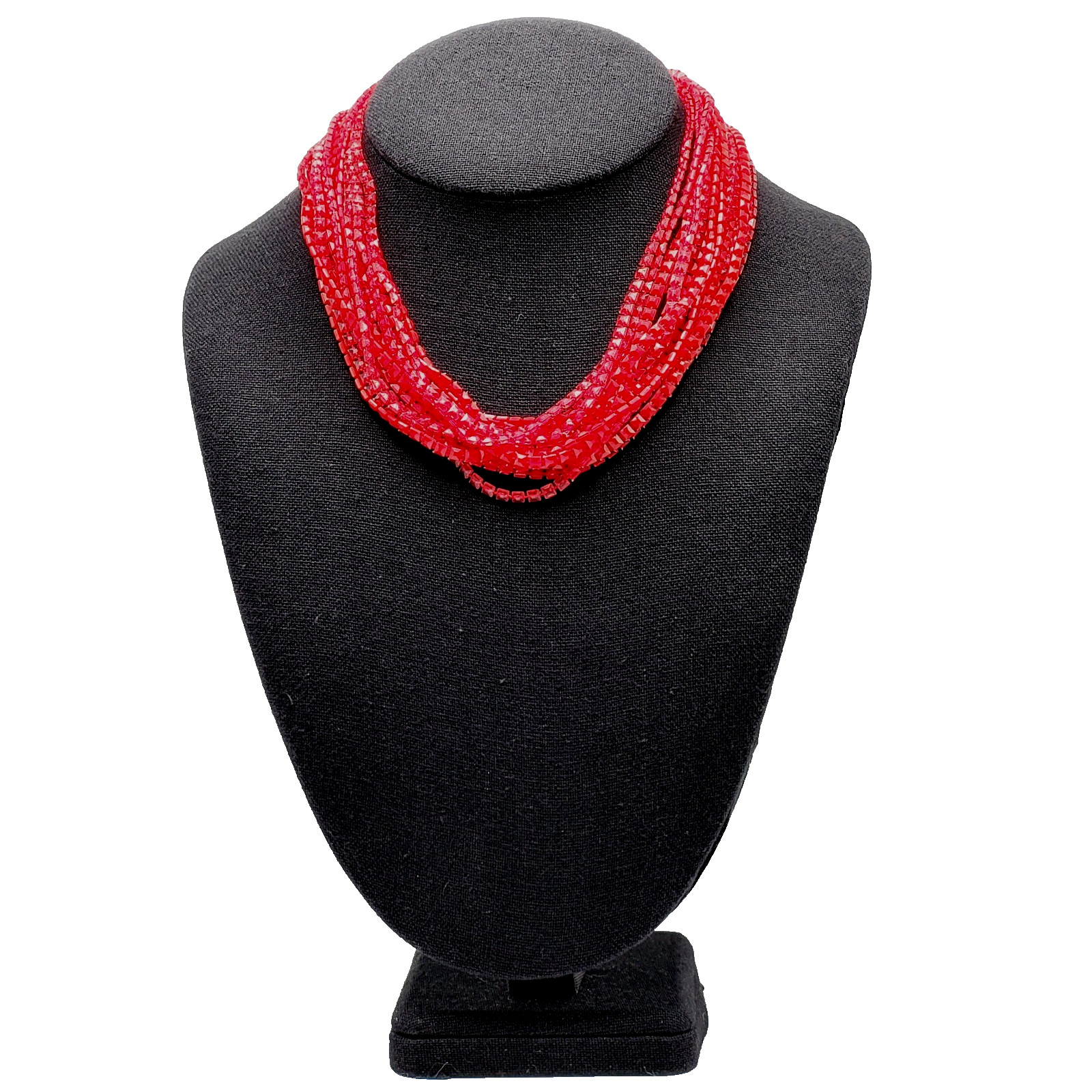 Vintage Red Multi Strand Plastic Square Beaded Solid & Clear Bead Necklace 48 In