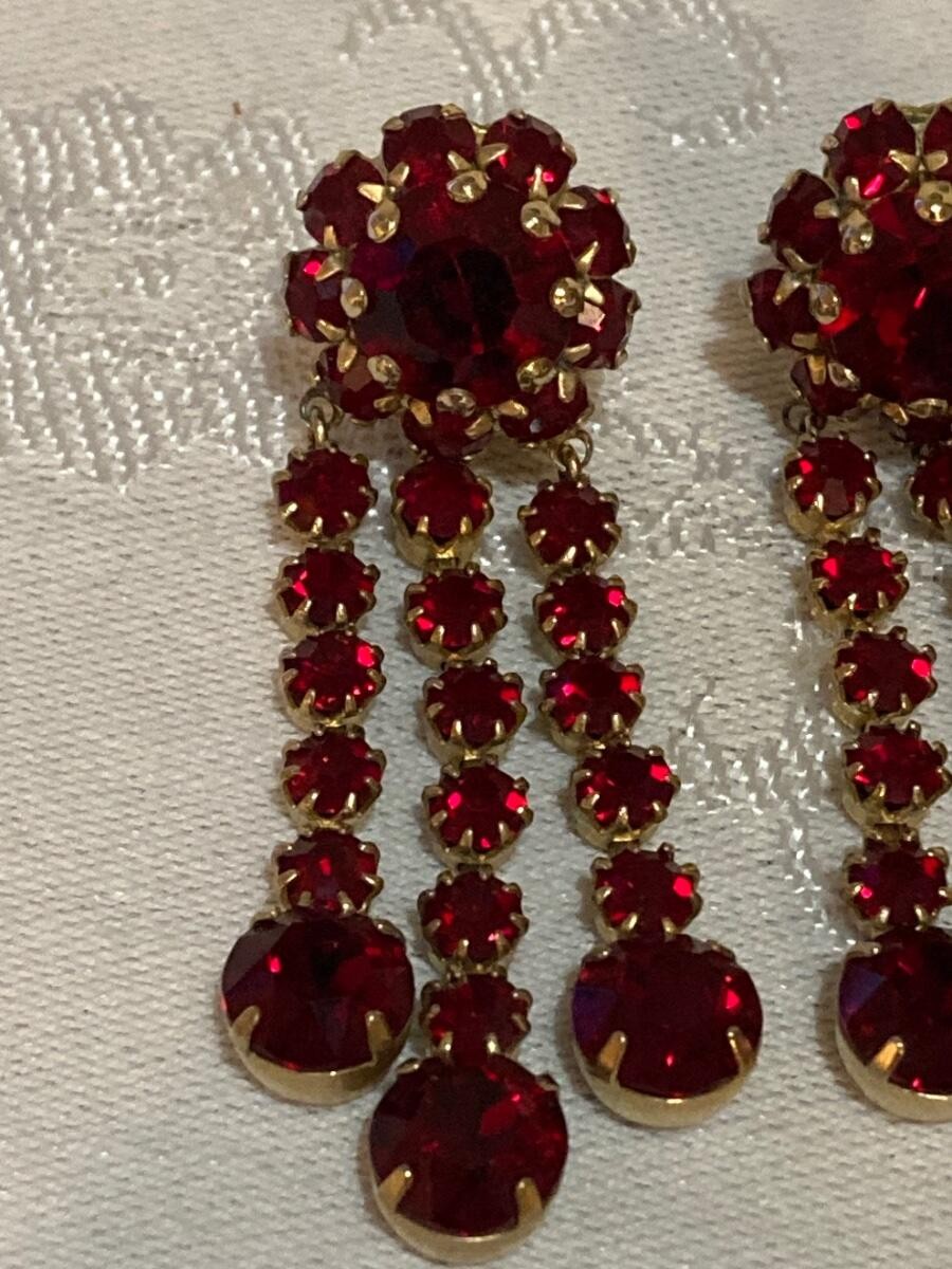 Vintage VOGUE Ruby Red Rhinestone 3 Strand Gold Tone Dangle Earrings Signed