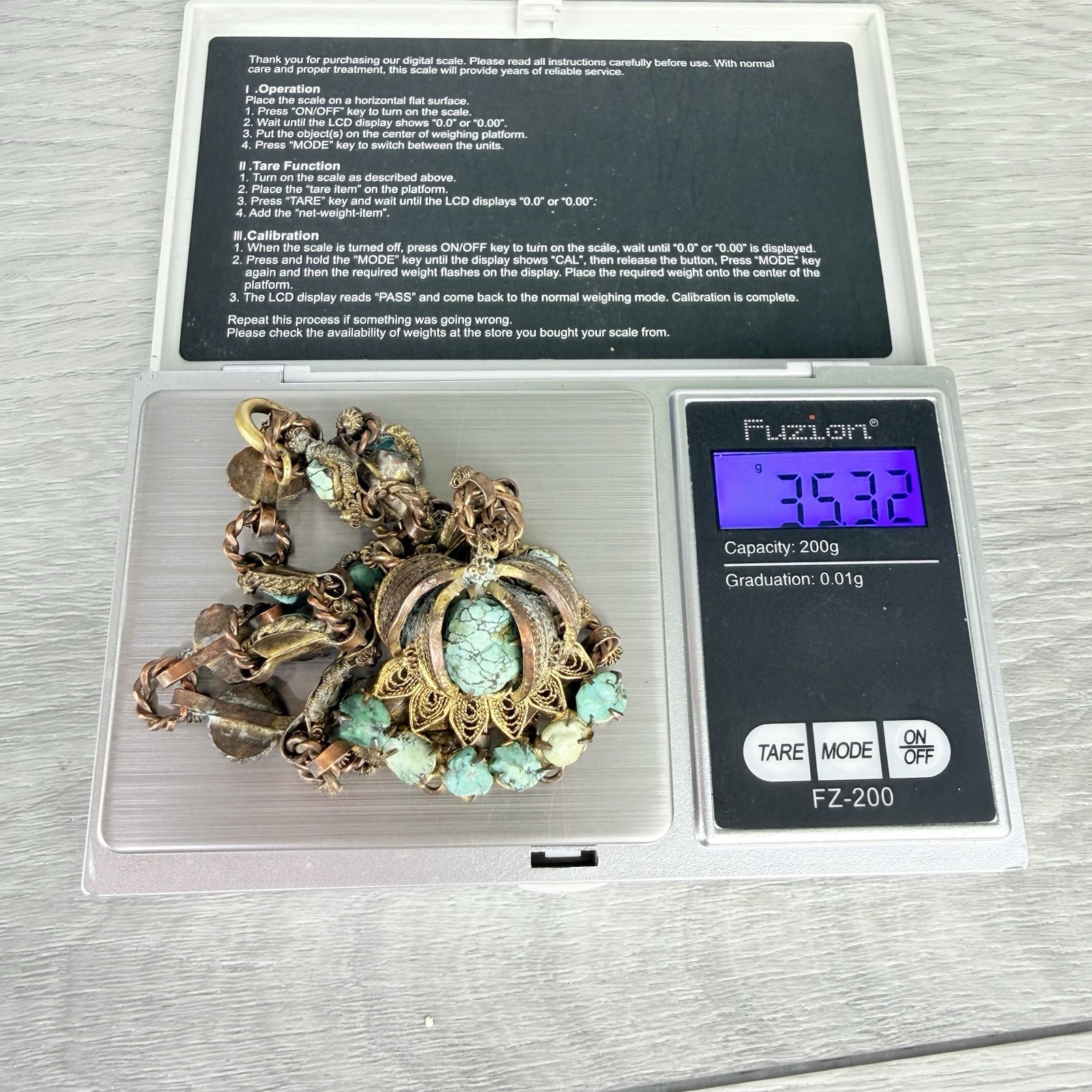 Vintage Possibly Antique Chinese Import Filigree Turquoise Pendant Necklace