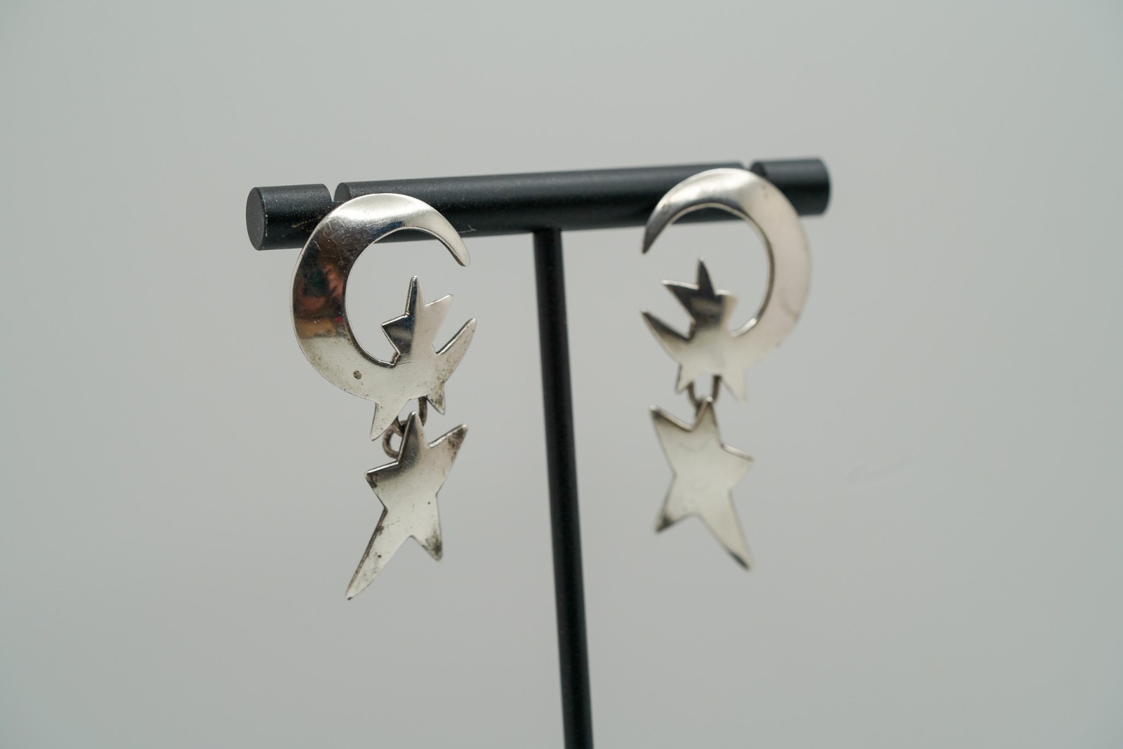 Vintage 1995 Sterling Silver Moon Stars Dangle Earrings 4.2cm JB37