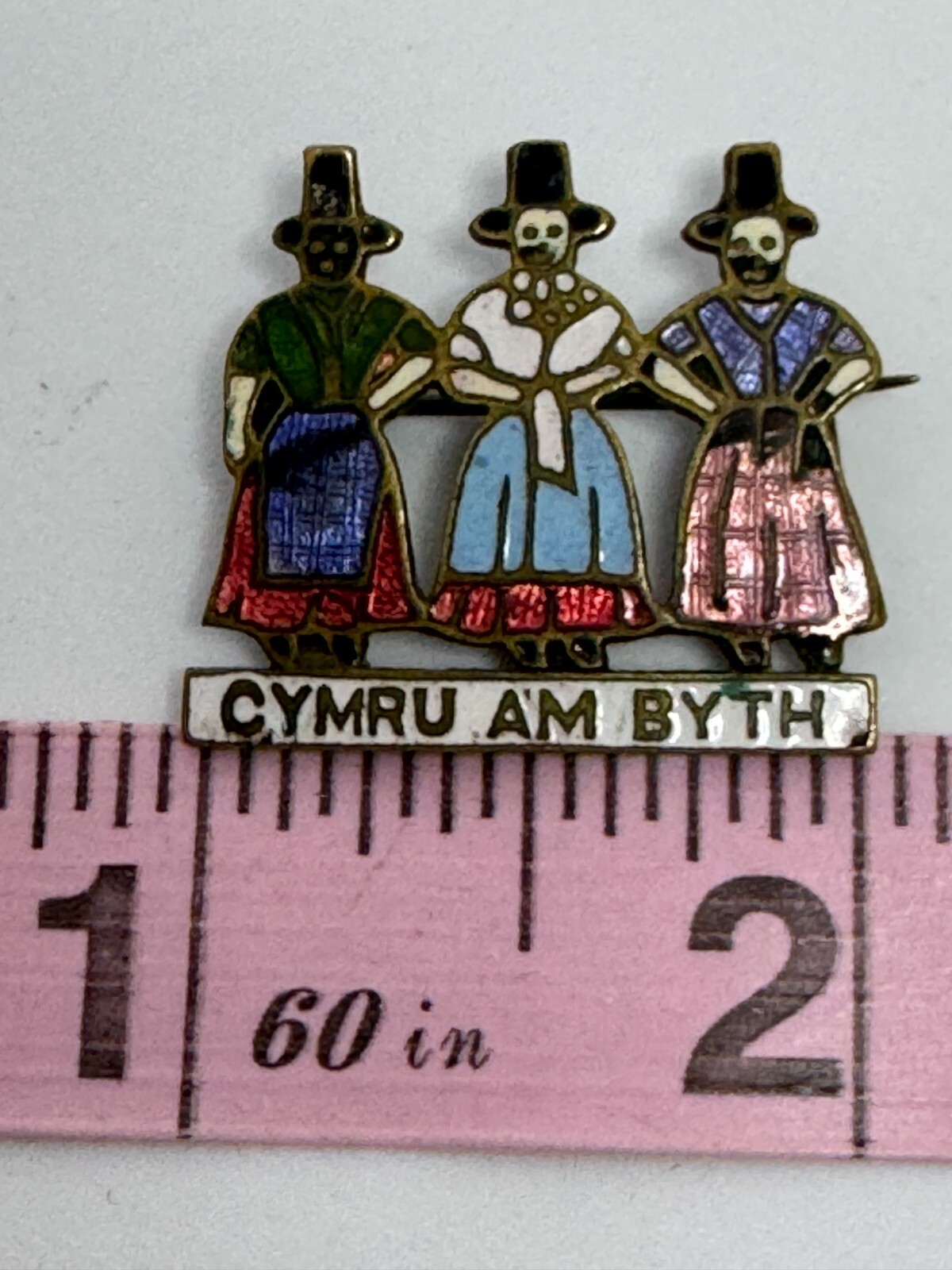 Antique Cymru Am Byth Pin, Wales Forever, Welsh Metal Multicolor Enamel Motto