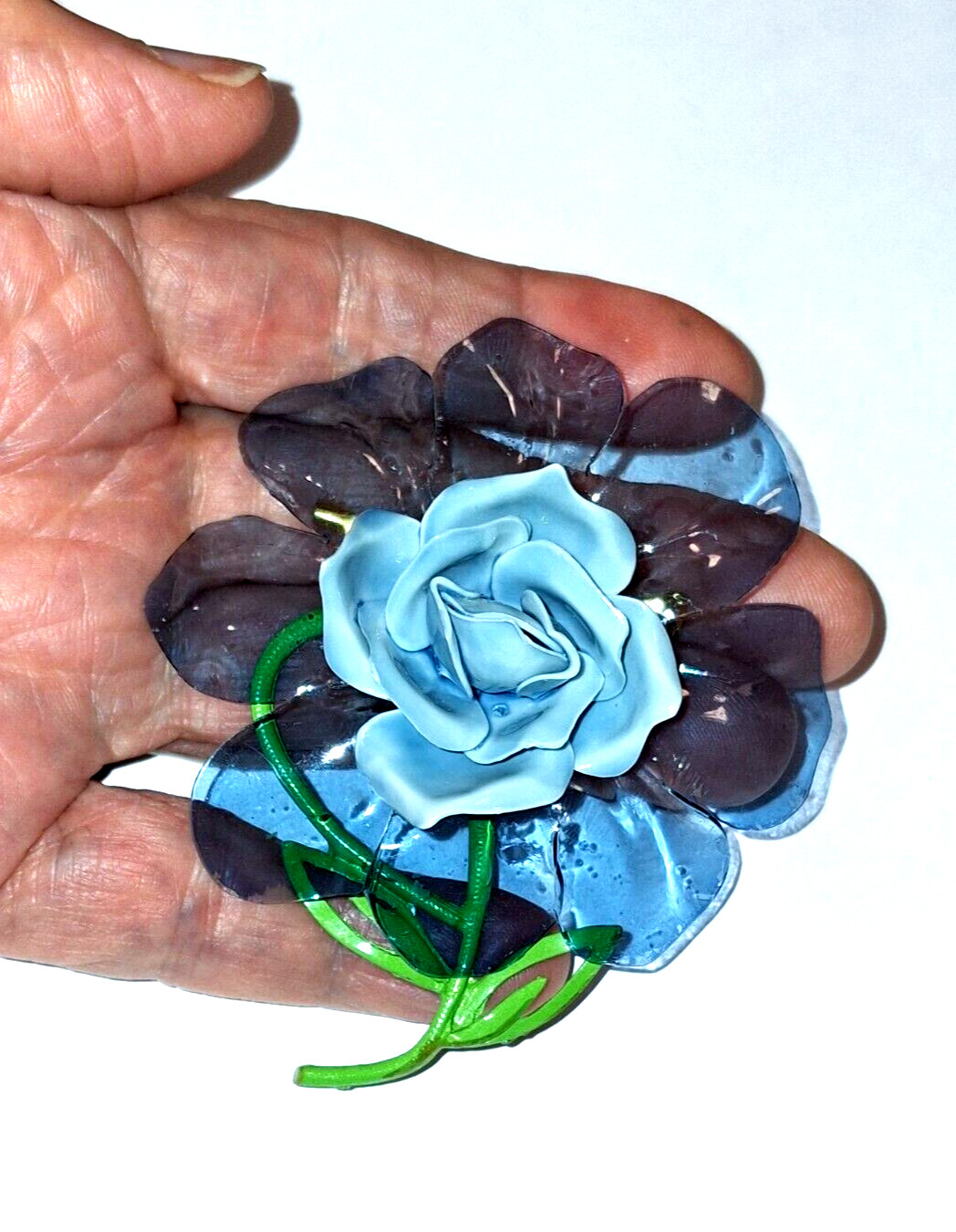 Antique Cellulose Acetate Plastic Blue Flower Pin Brooch RARE