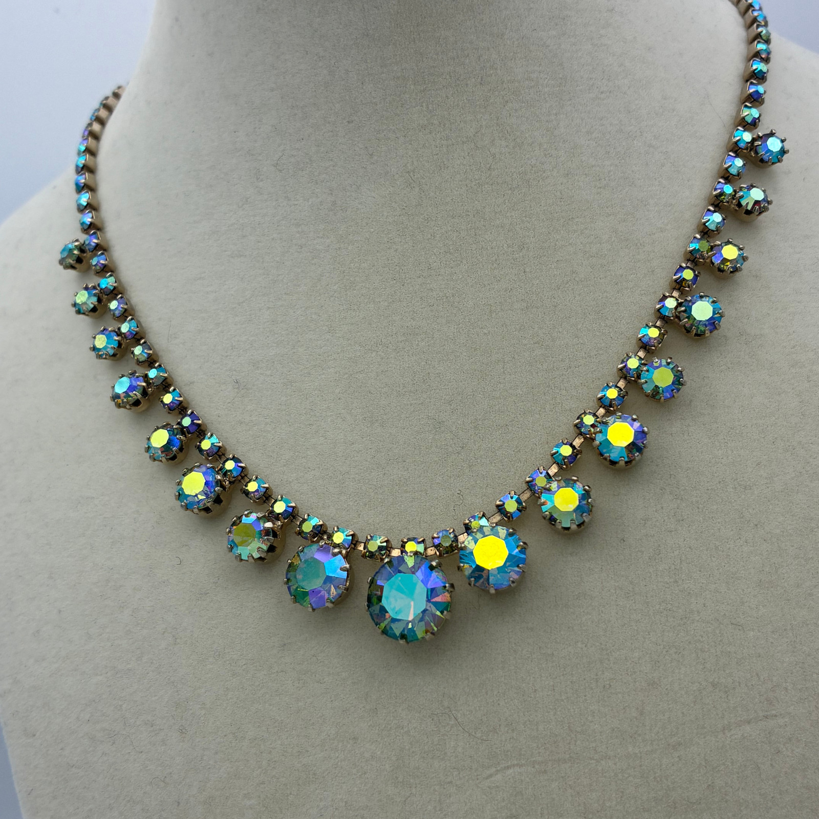 Vintage Aurora Borealis Rhinestone Fringe Necklace Brass Gold Tone 16″