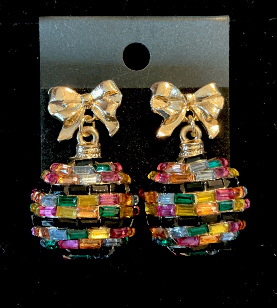 Vintage Glass Beaded Multi Color Gold Tone Holiday Ornament Drop Earrings-Rare!