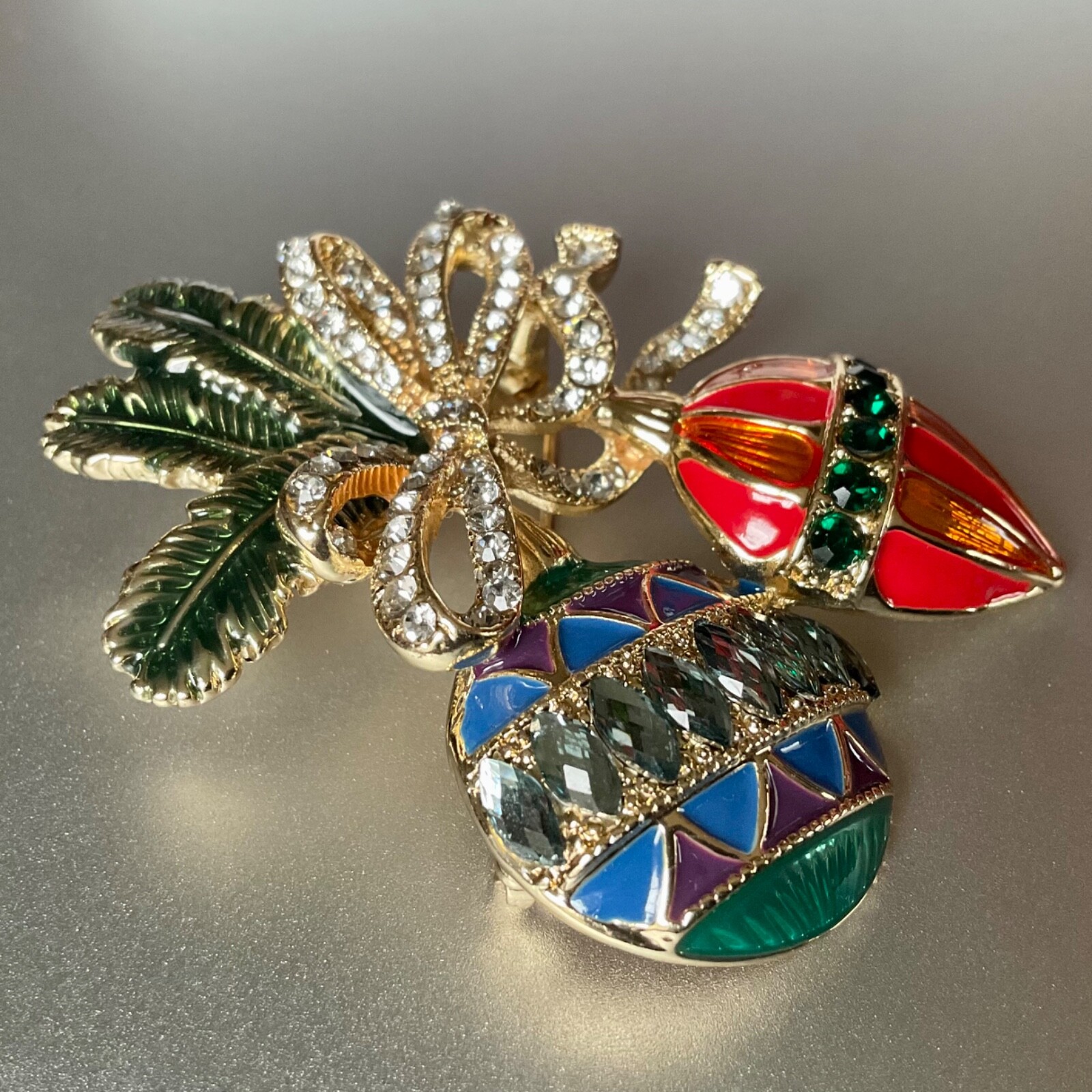 Monet Christmas Ornament & Pine Brooch Pin Enamel & Pave Rhinestones NEW in Box