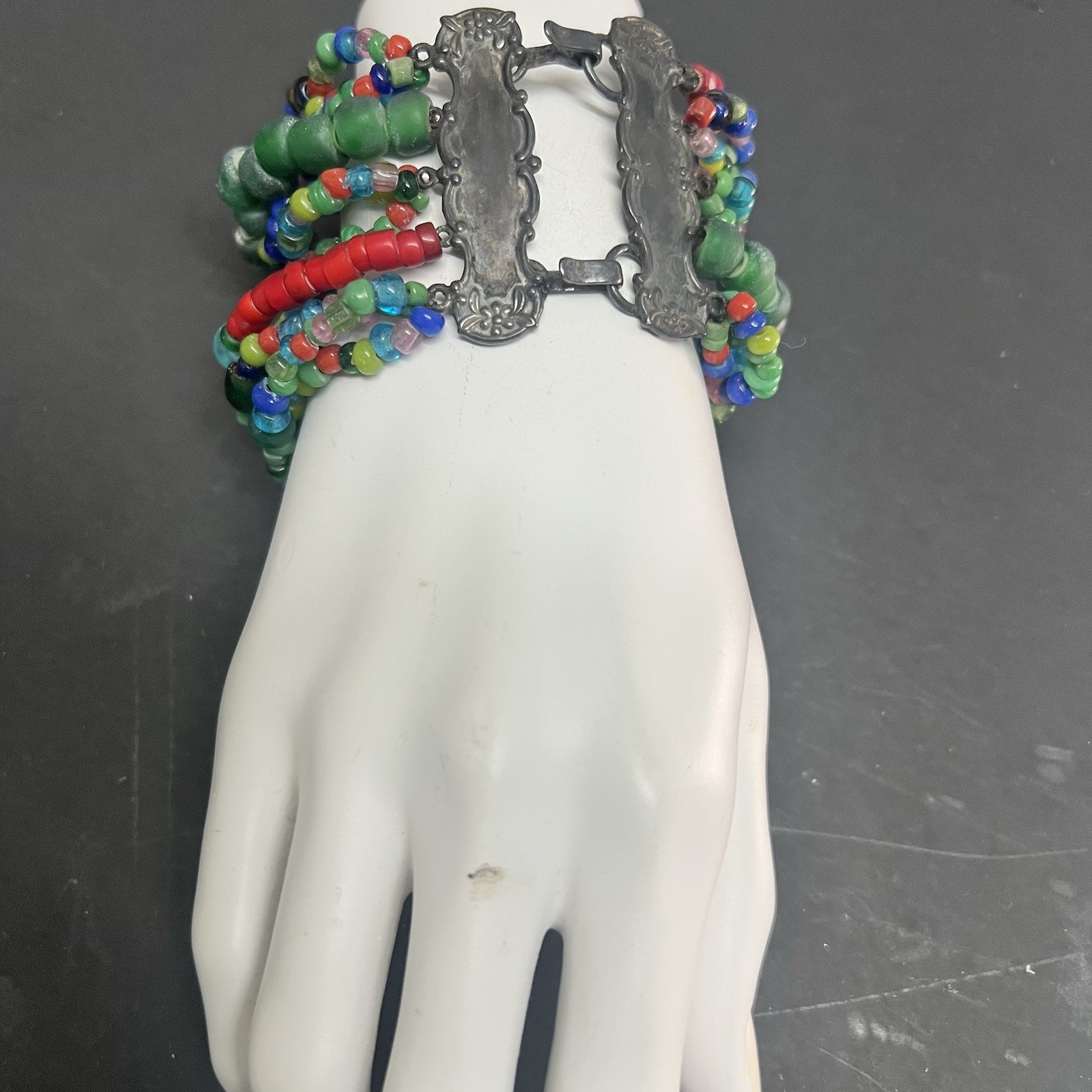T. FOREE African Trade Multi Strand Glass Beaded Bracelet Sterling Silver 7.5″
