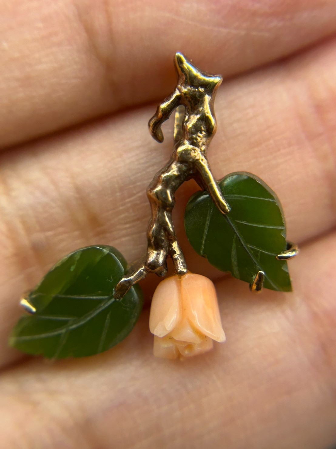 Vintage Japanese Carved Coral Rose Pendant Green Jade Leaves Gold Tone Charm
