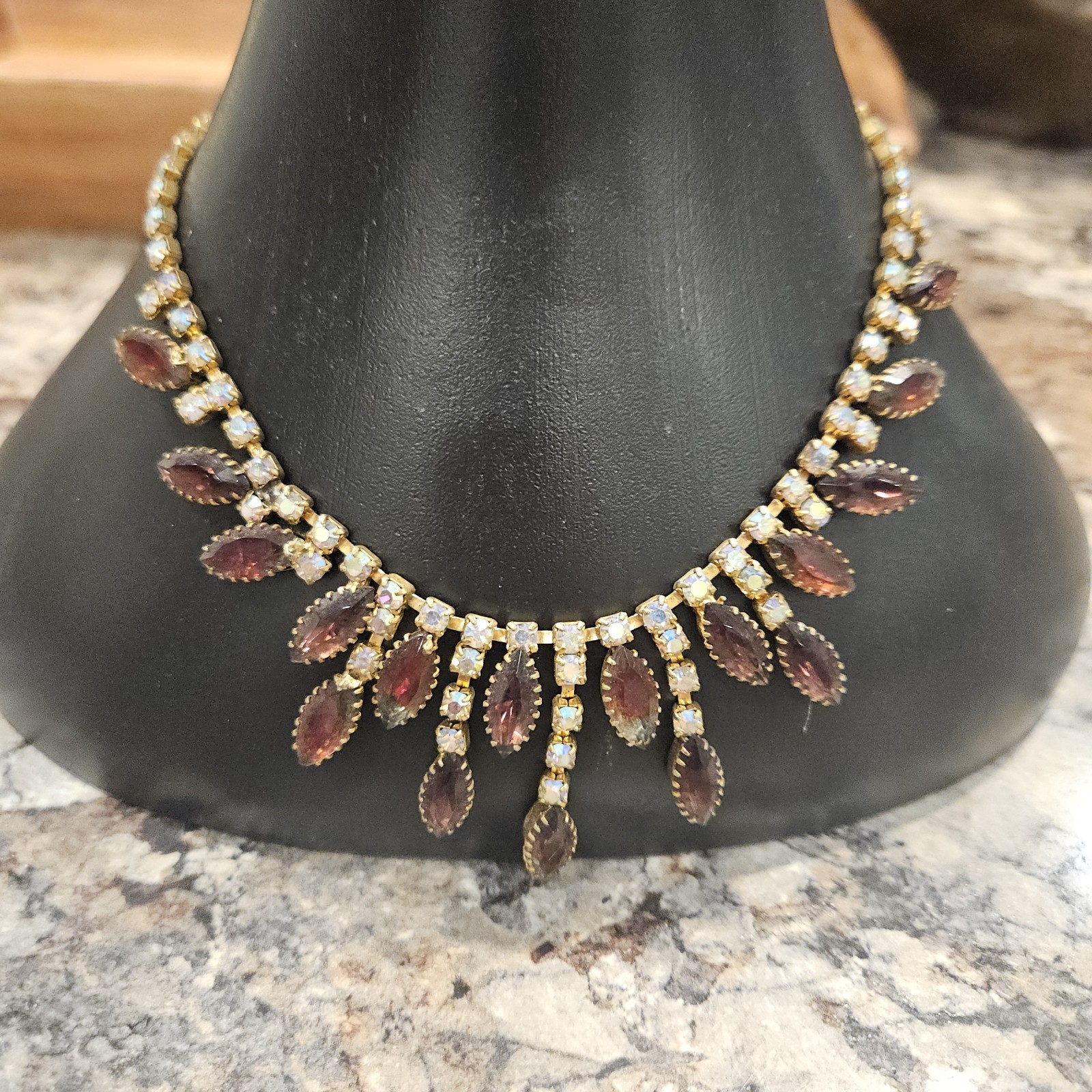 Vintage Garnet Drippy Bib Necklace Aurora Borealis Crystal Valentine Runway