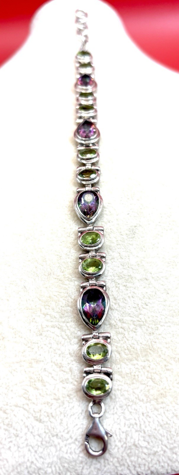 Vintage Sterling Silver Mystic Topaz Peridot Bezel Link Bracelet Adjustable 7-8″