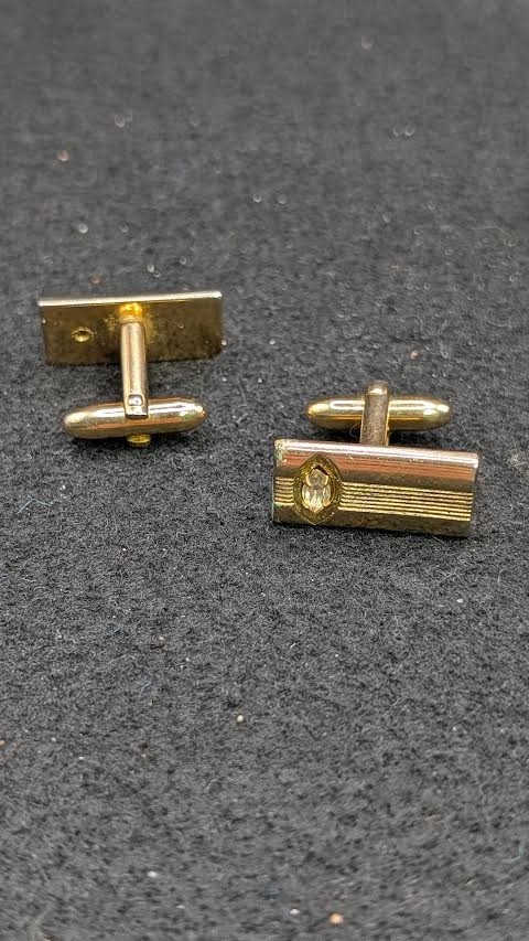 Vintage Speidel Gold Tone Rectangular Cufflinks With Rhinstone Clear