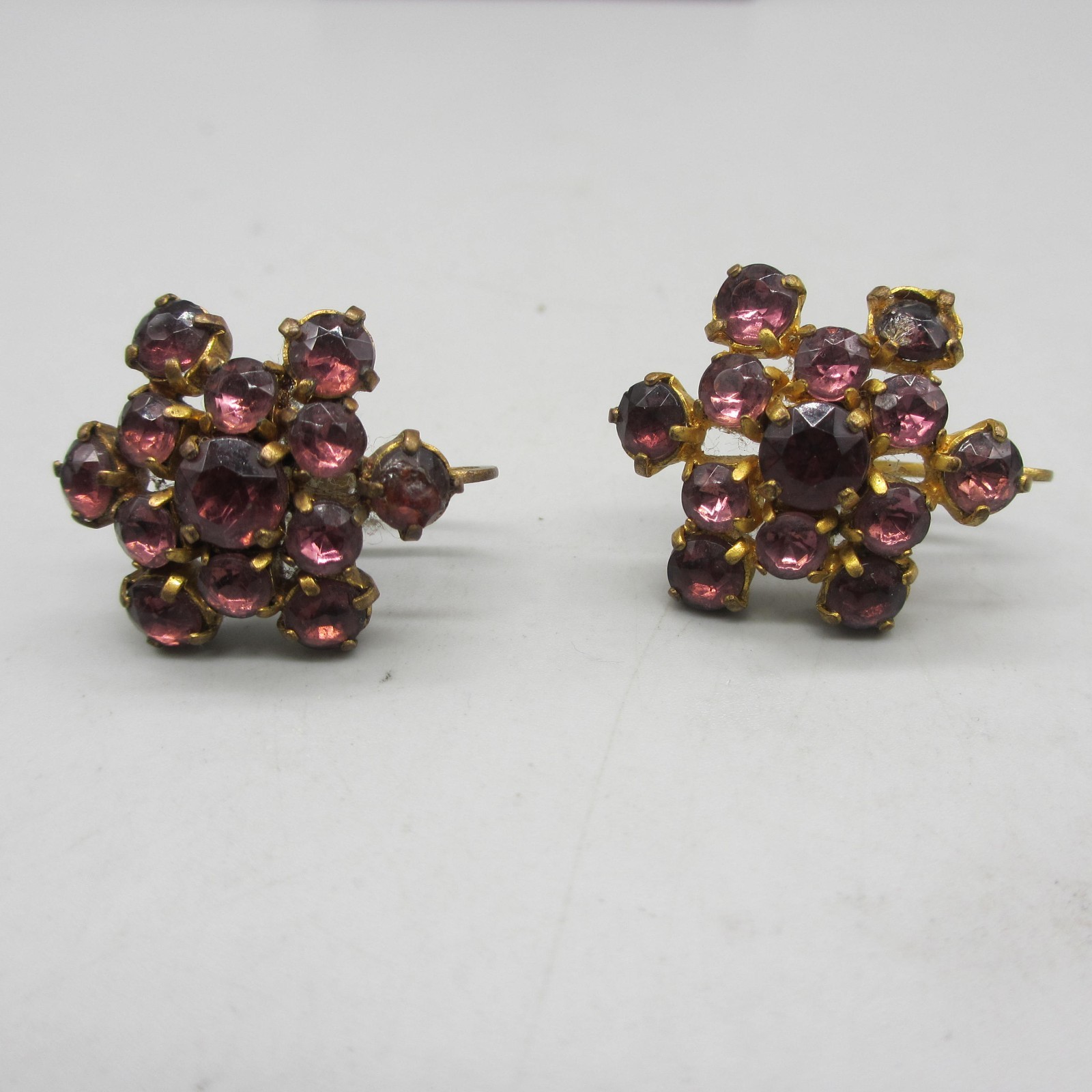 Vintage West Germany Earrings Rhinestone Cluster Purple Screwback