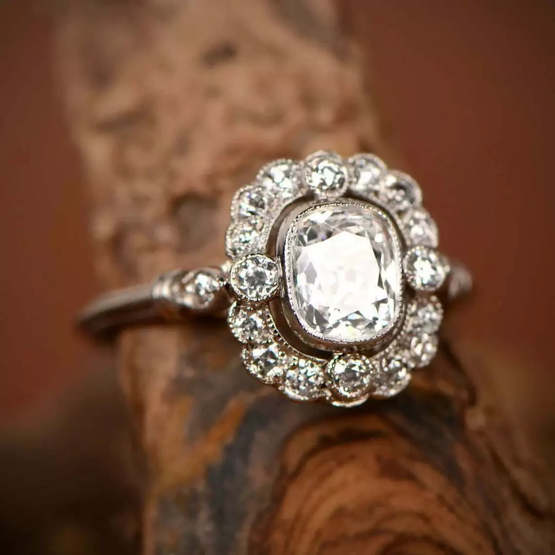 Art Deco Style Cushion Cut Lab Created Diamond Engagement Ring 14K White Gold FN