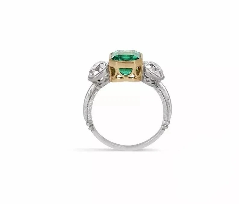Art Deco Style 3-Stone 2.95Ct Cushion Lab Created Emerald Wedding Silver Ring