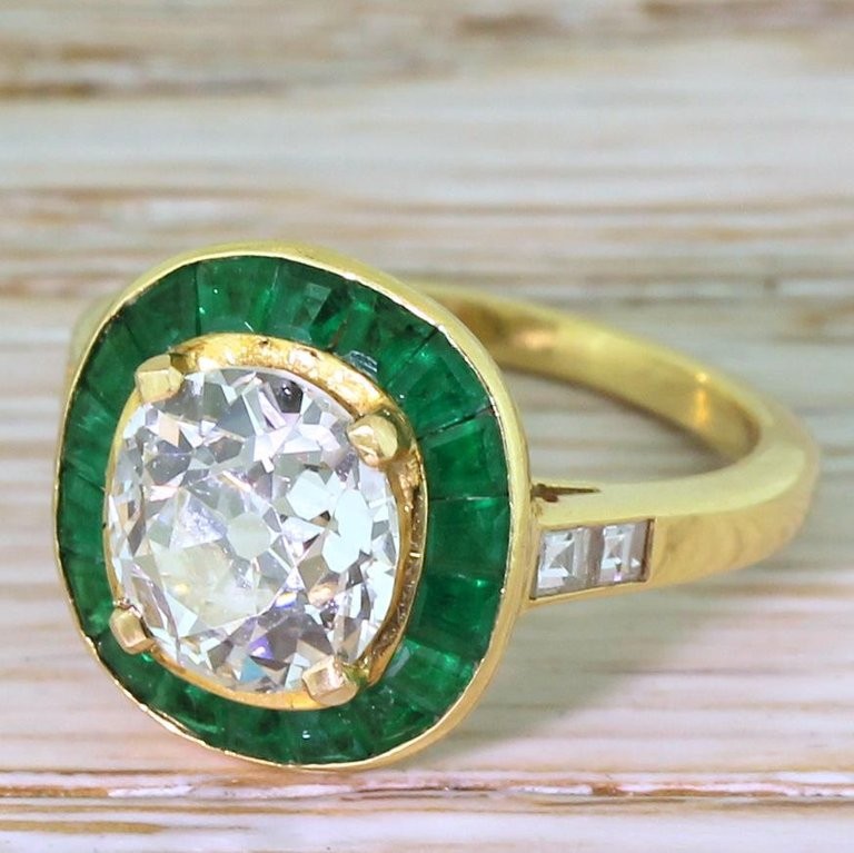 Round 2.54CT Lab Created Diamond Vintage Emerald Halo Ring 14K Yellow Gold Over