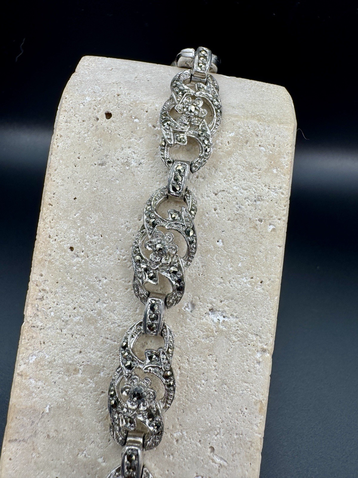 Antique Signed SPHINX Marcasite Link Bracelet Art Deco 1950s Floral Silver Tone