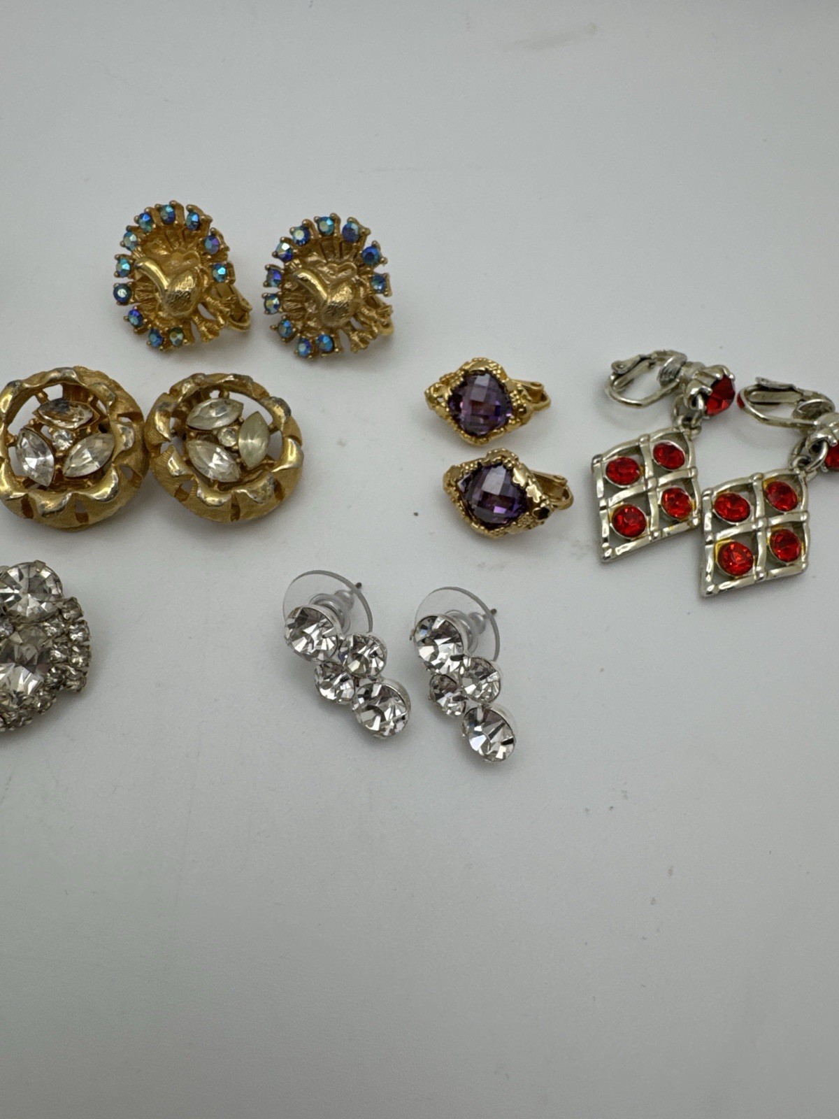 Vintage Clip On Earrings Lot Rhinestone Gold Tone Red Clear Estate Jewelry
