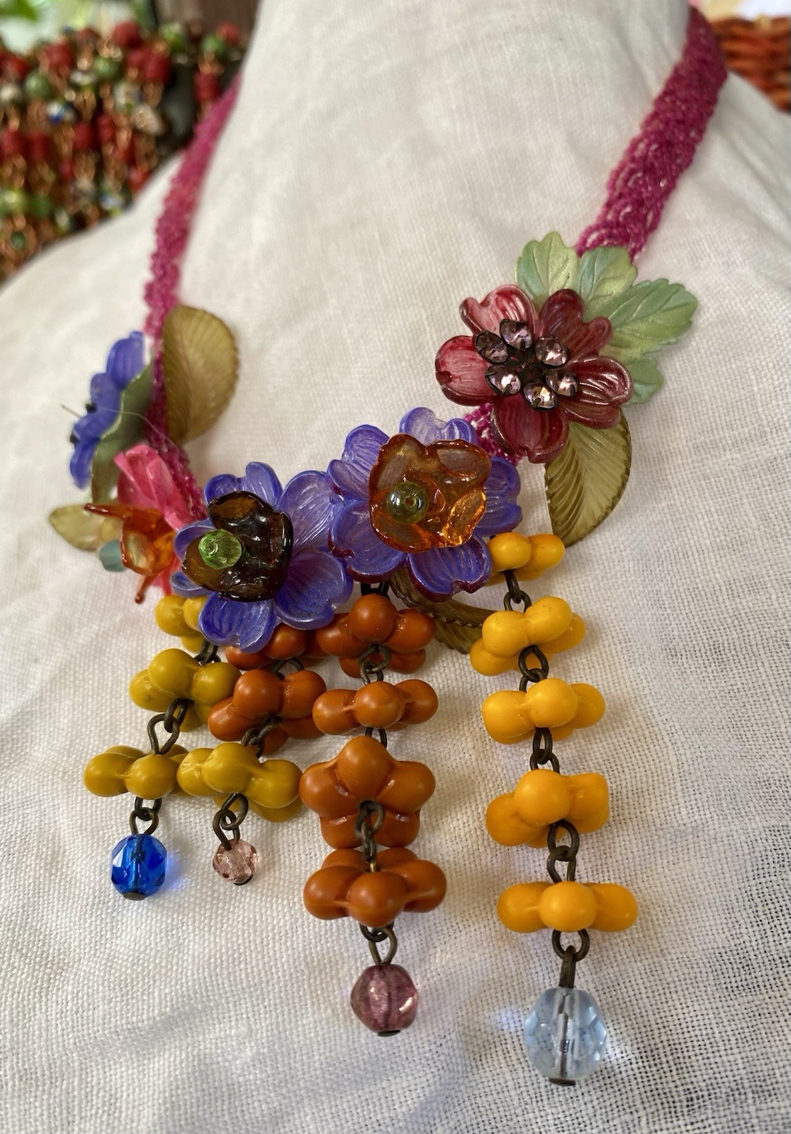 Vintage Glass & Lucite Beaded Floral Necklace with Rhinestone Accents 14-16” Adj