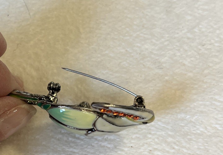 VTG Enamel Rhinestone Lucite Silver Metal Alloy Wire Rhinestone Bird Brooch 1950
