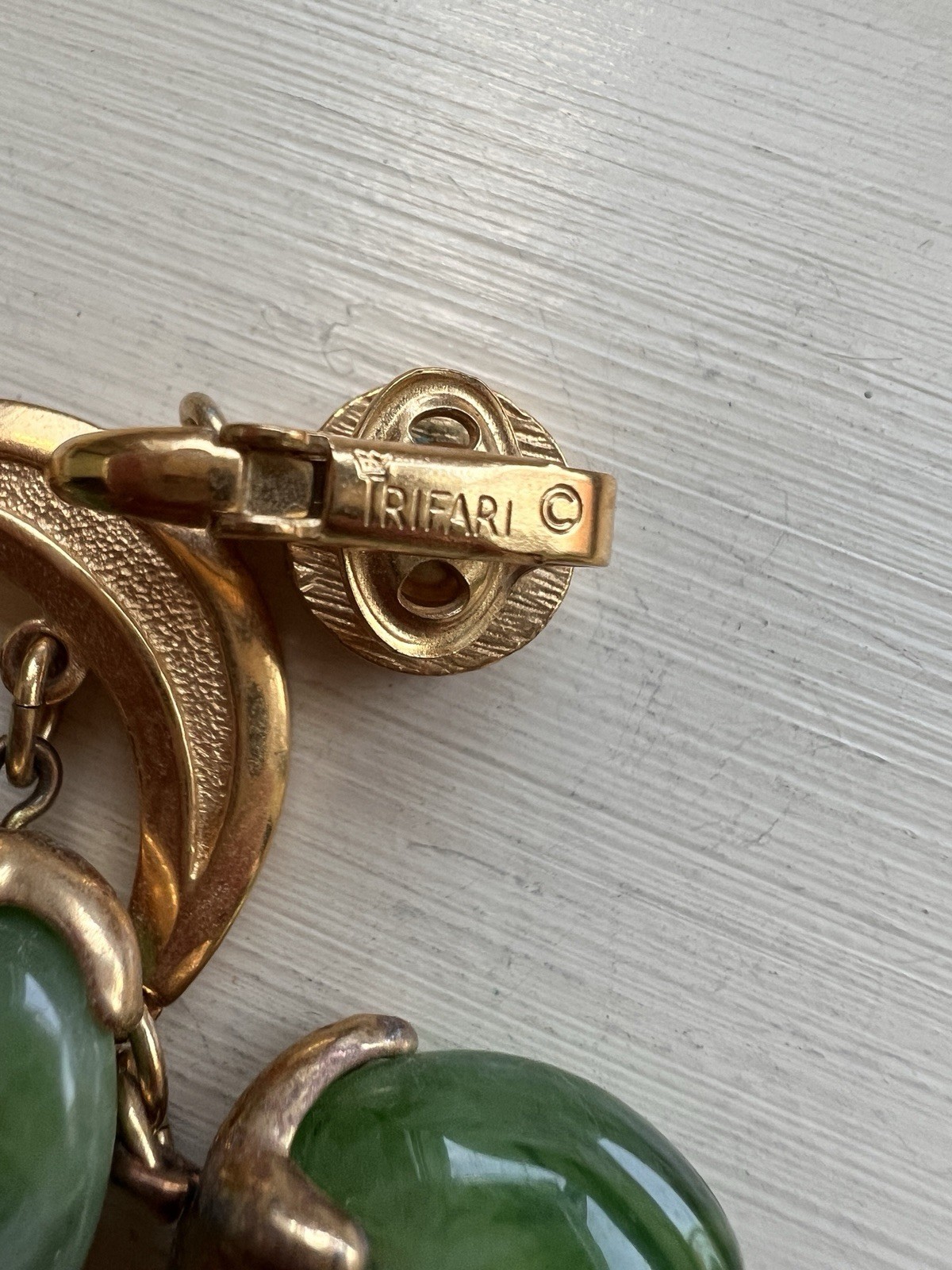 Vintage Crown Trifari Waterfall Faux Jade Lucite Gold Tone Dangle Clip Earrings