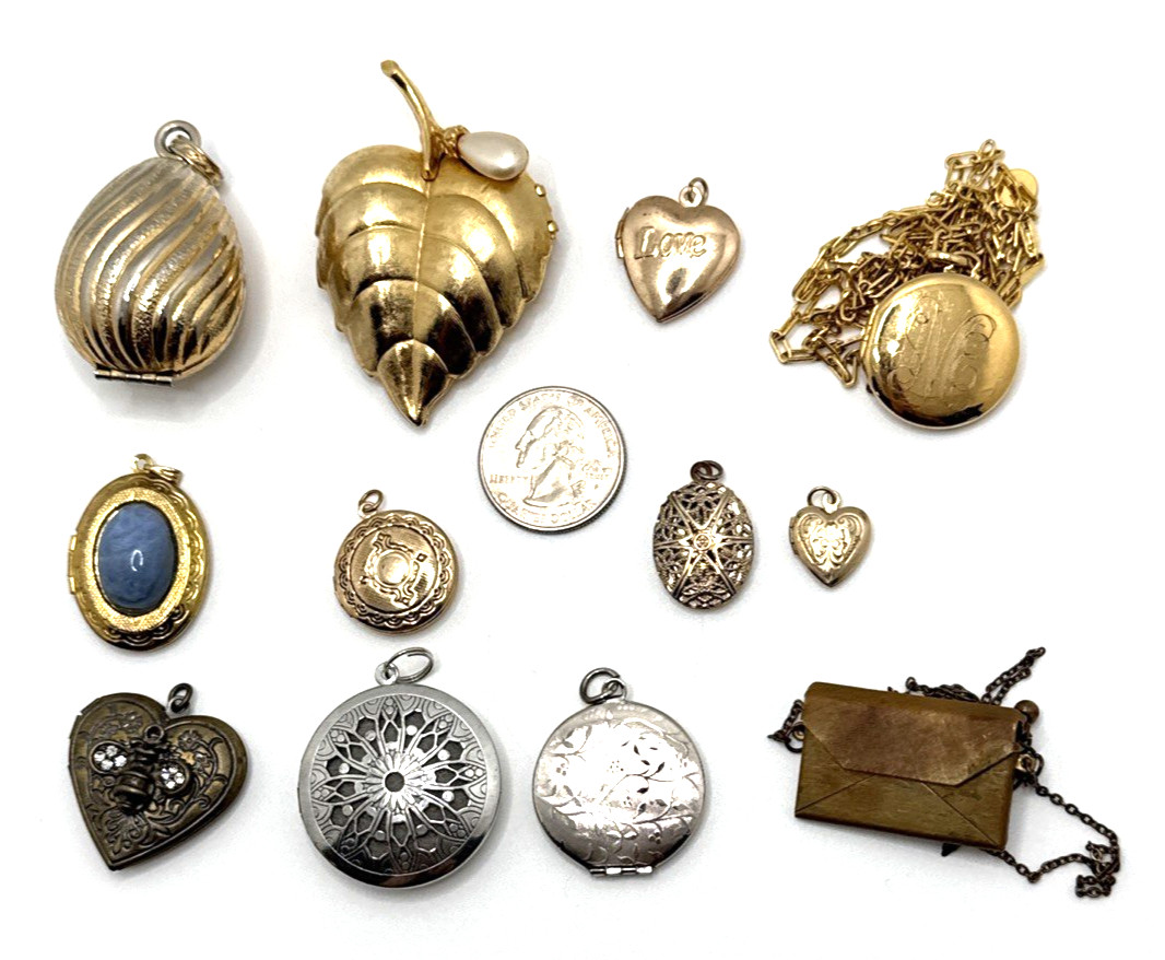 Vintage to Now Jewelry Pendant & Charm Lockets Gold & Silver Tone Lot of 12