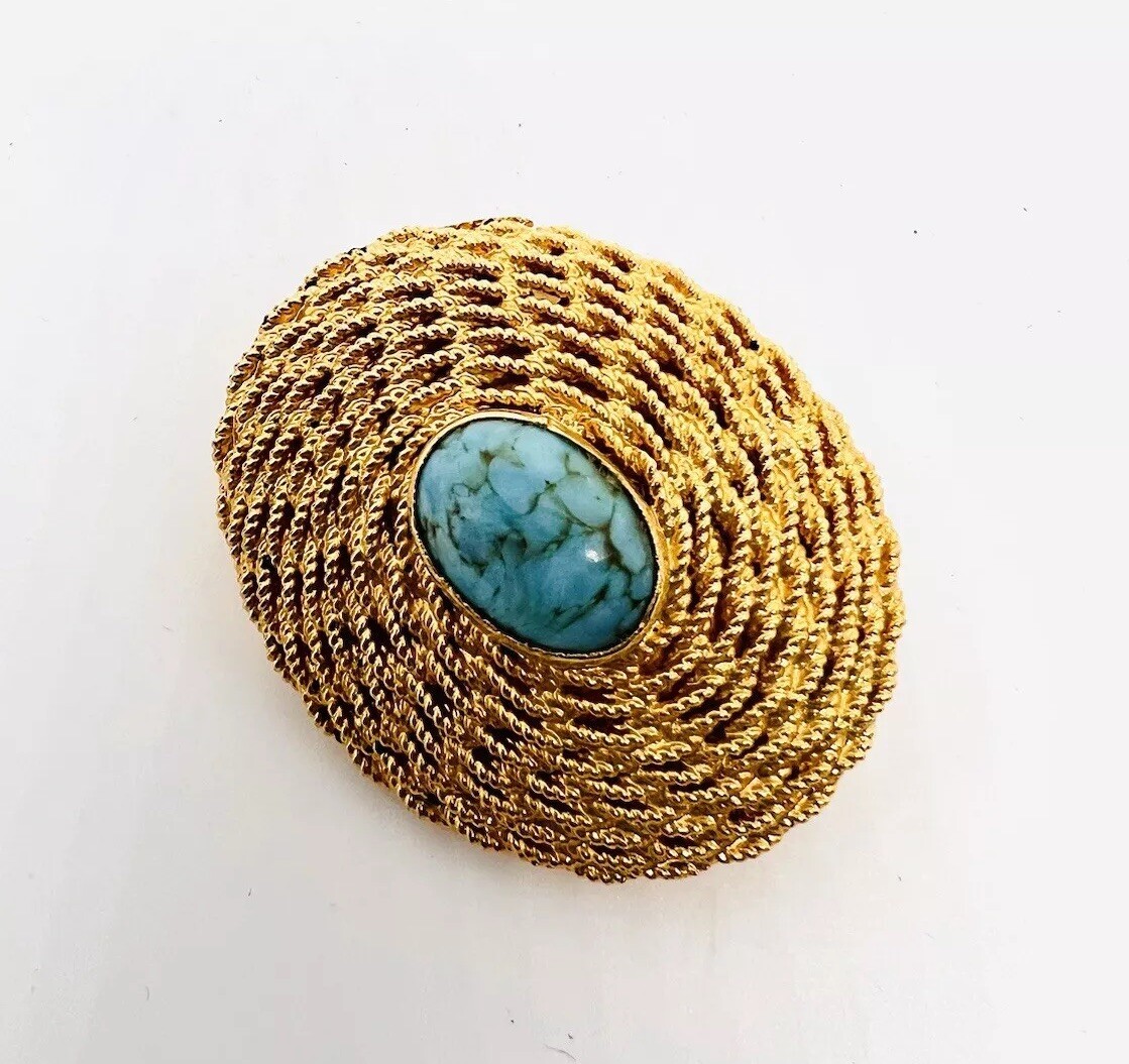 Italy Shiny Gold Plated Rope Twist Turquoise Glass Brooch Signed Vintage Jewelry