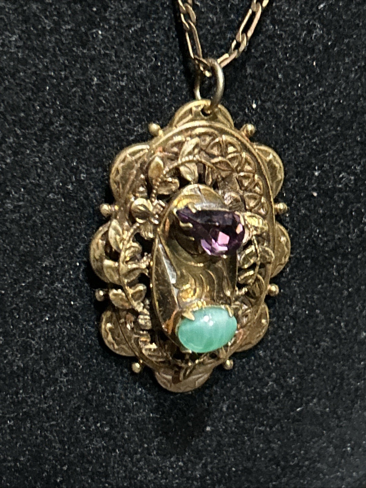 Vintage French Stamp Gold Plate Necklace Art Deco Purple Green Stones Pendant
