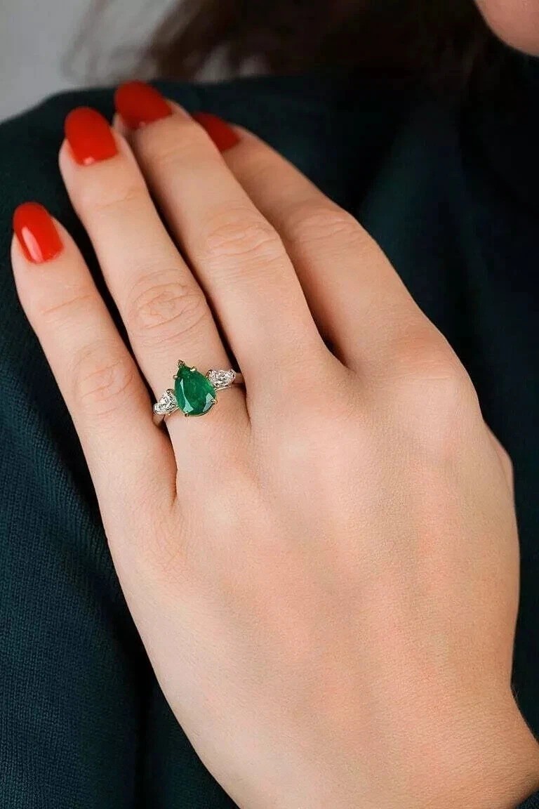 2Ct Art Deco Style Green Lab Created Emerald Wedding 14K White Gold Finish Ring