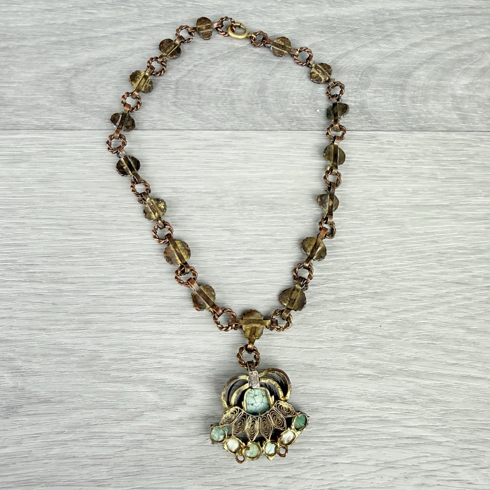 Vintage Possibly Antique Chinese Import Filigree Turquoise Pendant Necklace