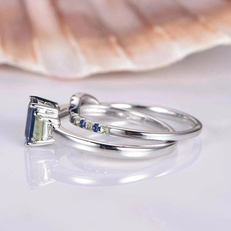 2.2Ct Emerald Cut Lab Created Sapphire & Diamond Engagement 14K Gold FN Ring Set