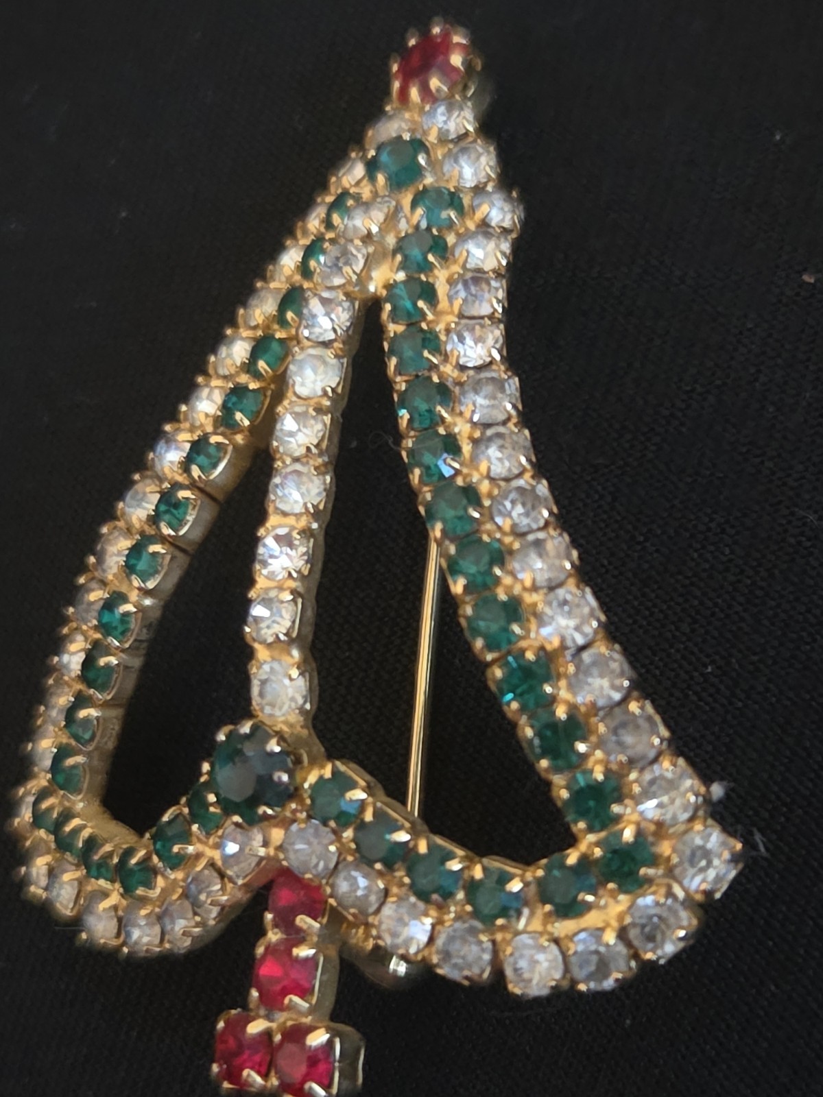Vintage Gold Tone Green White Red Rhinestone Christmas Tree Outline Brooch