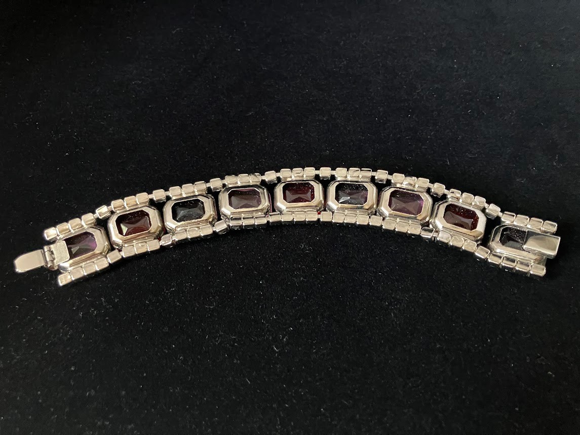 Vintage Rhinestone Panel Bracelet Square Cut Chunky Bling Purple Pink Red Clear