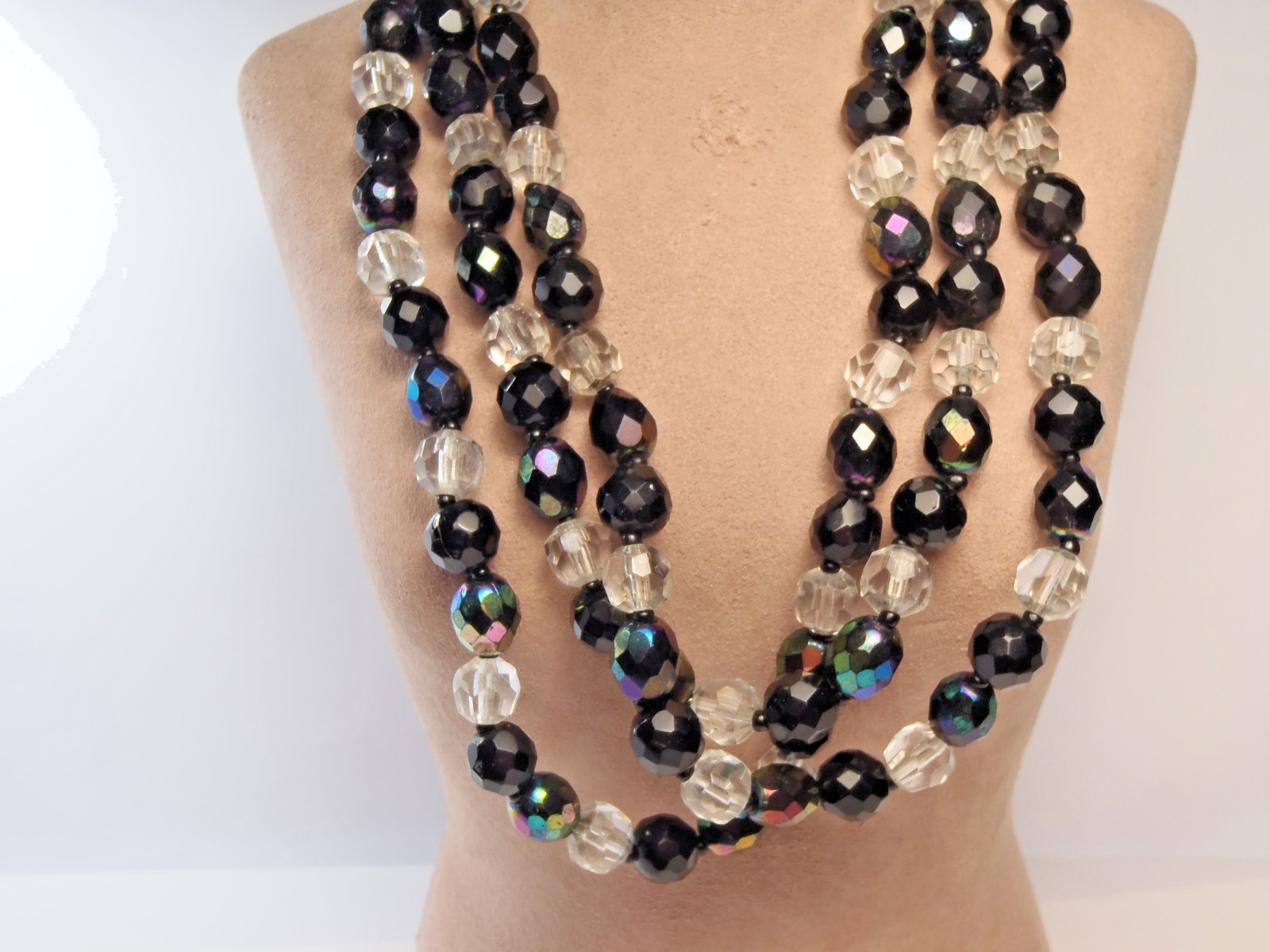 Estate Iridescent Black and Clear Faceted Glass Triple-Strand Necklace