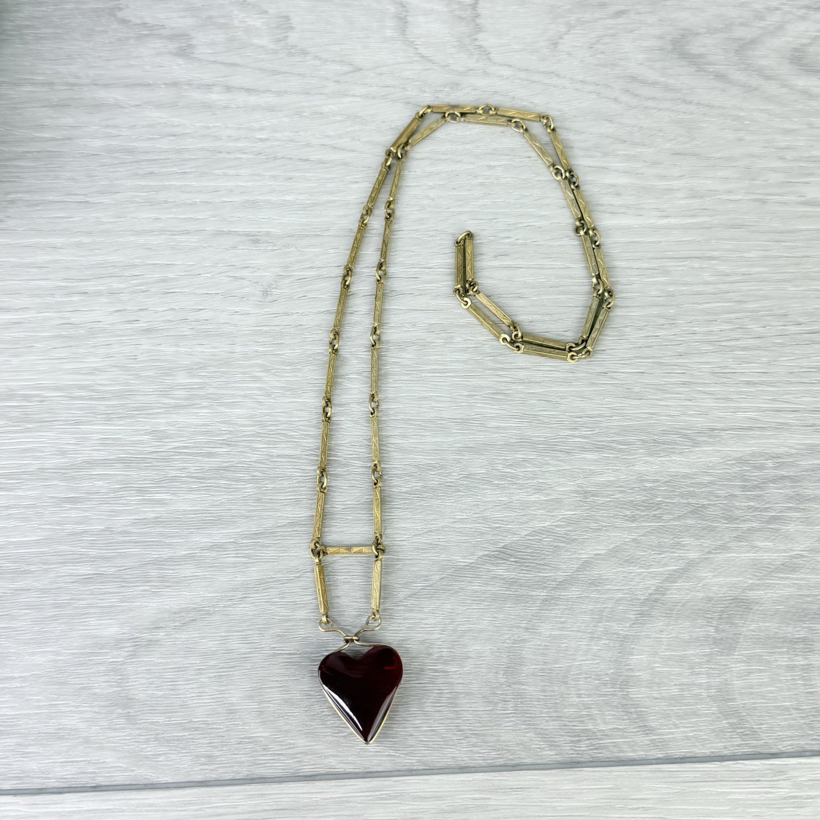 Antique Art Deco Gold Brass Tone Bar Link Long Chain Pendant Necklace