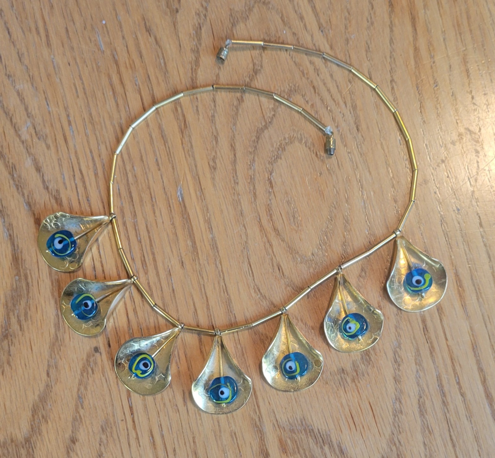 Vintage Necklace Leaf Shaped Pendants with Peacock / Evil Eye Bead