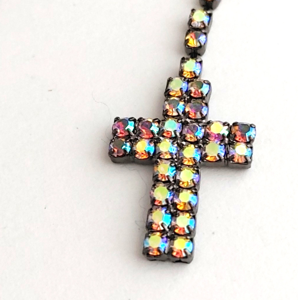 Vintage Y Drop CROSS Rhinestone Necklace AB Cup Chain Choker Gunmetal 14” to 17”