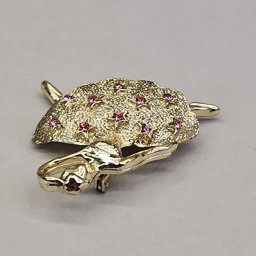 Vintage Ballerina Brooch Pink Rhinestones Gold Tone Speckled 1 5/8″