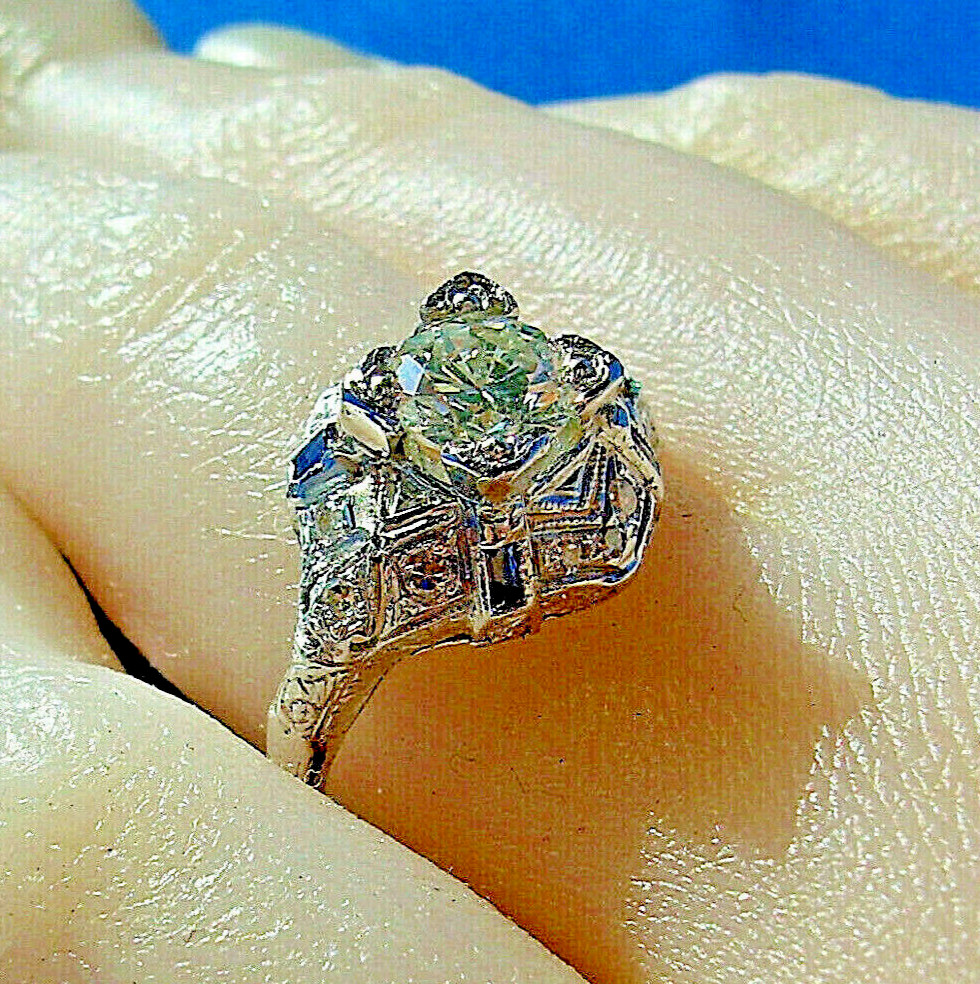 Original EARTH MINED DIAMOND Deco Engagement Ring 1 ct Vintage PLATINUM Sapphire