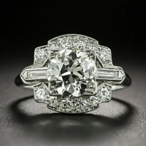2.94CT Round Art Deco Baguette Accent Halo Lab Created Diamond Ring 925 Silver