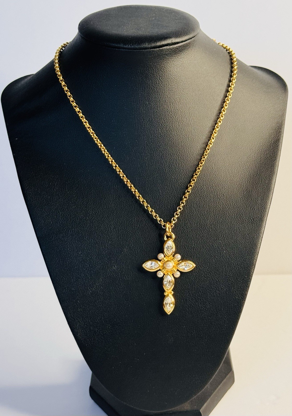 Extremely Unique Christian Dior Crystal and Faux Pearl Cross Pendant Necklace