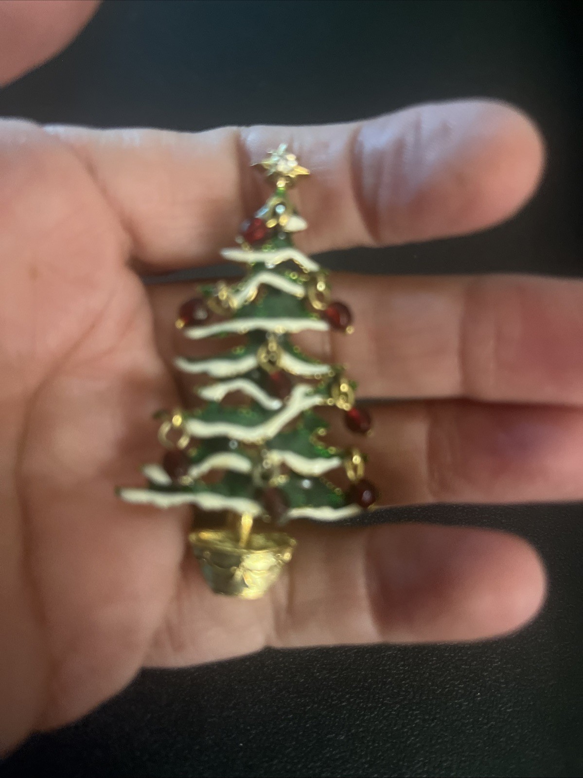 Avon Green Enamel Red Crystal Dangle Ornament Gold Tone Christmas Tree Brooch