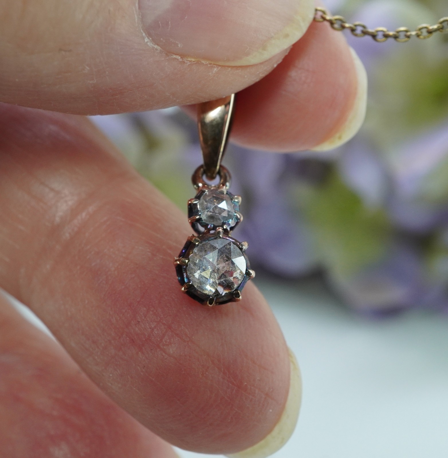 Georgian Antique Rose cut Diamond Pendant Charm 14K Gold Silver