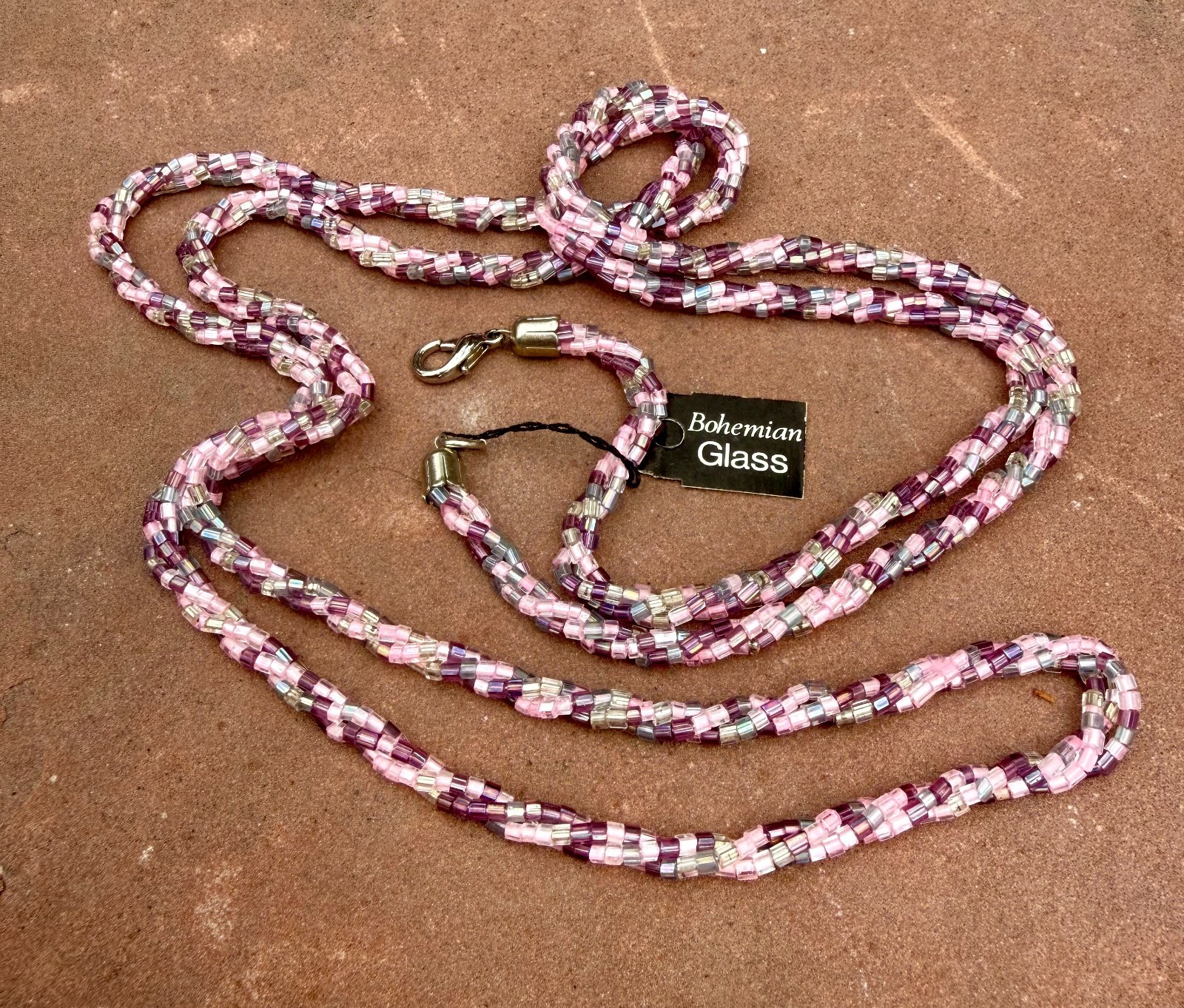 Vintage Czech Bohemian Glass Seed Bead Necklace 48″ Long Pink Purple