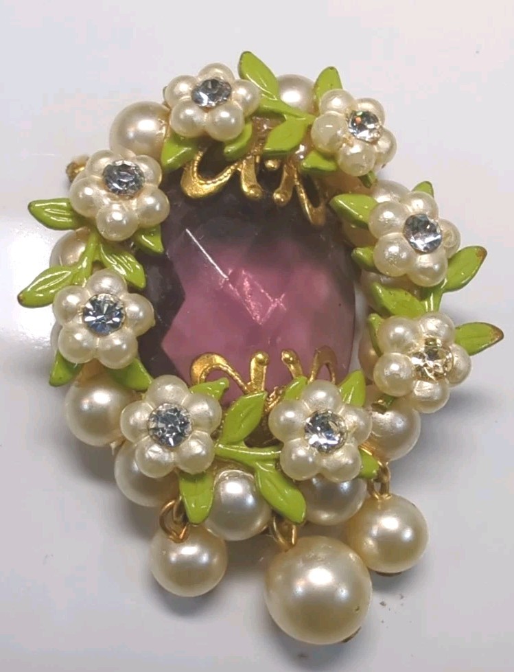 Vintage Wreath Pendant Necklace Delicate Pearl Flowers Amethyst Green Enamel