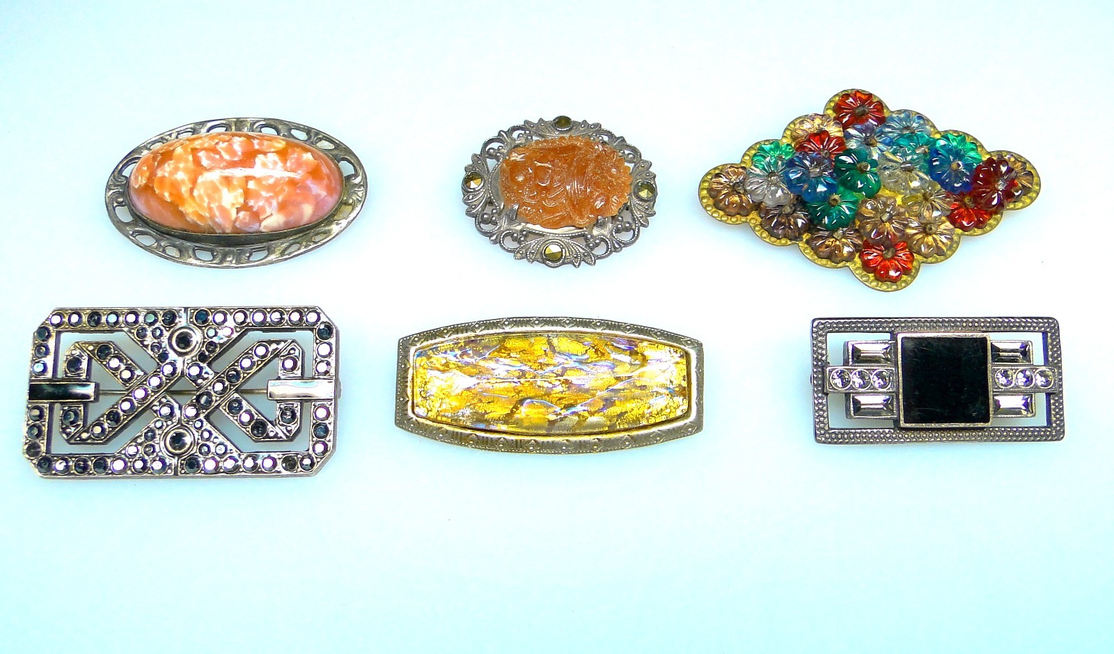 6 Antique Pins Deco Sterling Glass Stones Fancy Settings Vintage Lot