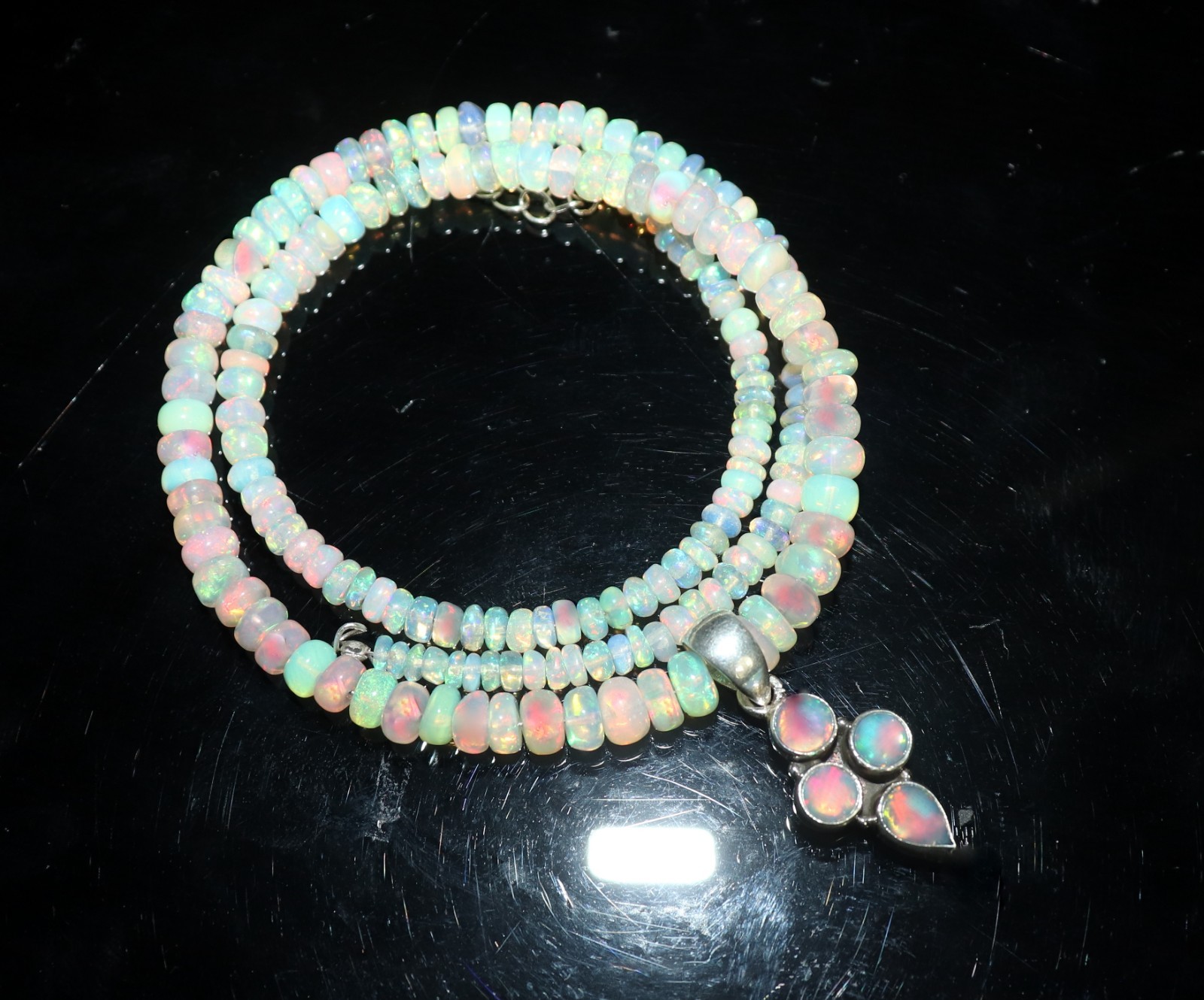 Natural Ethiopian fire opal beaded necklace with sterling silver opal pendant